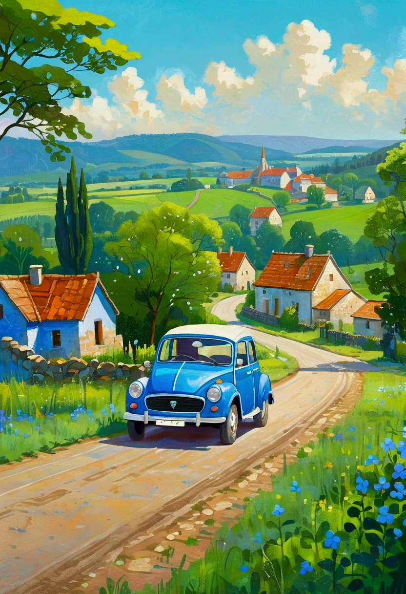Painting of a blue car driving along a country road，A village in the background, Einmon（Do the Immun）A detailed painting of, Shutterstock competition winner, Childish Art, Hand drawn cartoon art style, countryside city scene, Vibrant gouache landscape, Landscape Artwork, A beautiful artistic illustration,  In the country, Stylized digital illustration