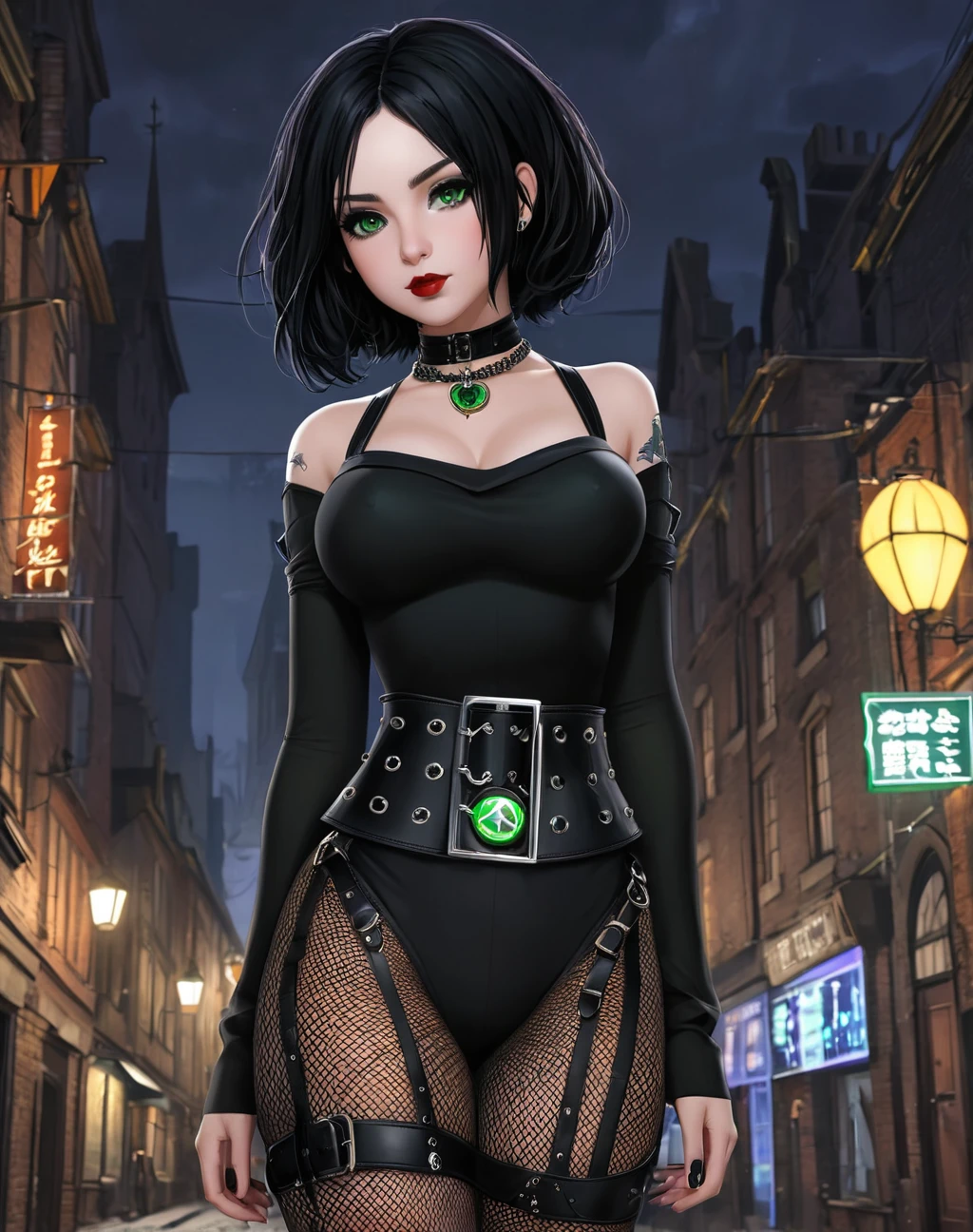 (best-quality:0.8), perfect  illustration,1girl,  Beautiful daughter of severus snape,11 years , big breasts, fishnet stockings, green eyes , black hair, goth, necklace, multiple belts, city, night, Goth_punk, short hair, wavy hair,
