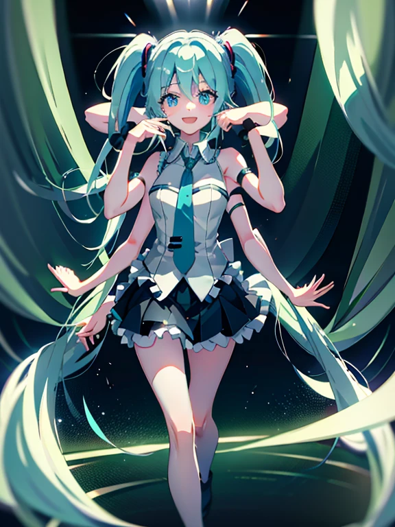 DSLR Photos, (8ก, 4K, Masterpiece),(Masterpiece, best quality), best resolution, (3 heads:1.5), Hatsune Miku, aqua hair, twin tail, long hair, tear, open mouth, smile, be happy, sing, Dancing, White sleeveless shirt, Aqua necktie, black skirt, arms separated,hotel room, arm circle, (hands on head), (lower hand on ankle), (lower hand on leg), Full content in the frame, full body view, (four arms),(Multi-arm),(many hands), Slim shape