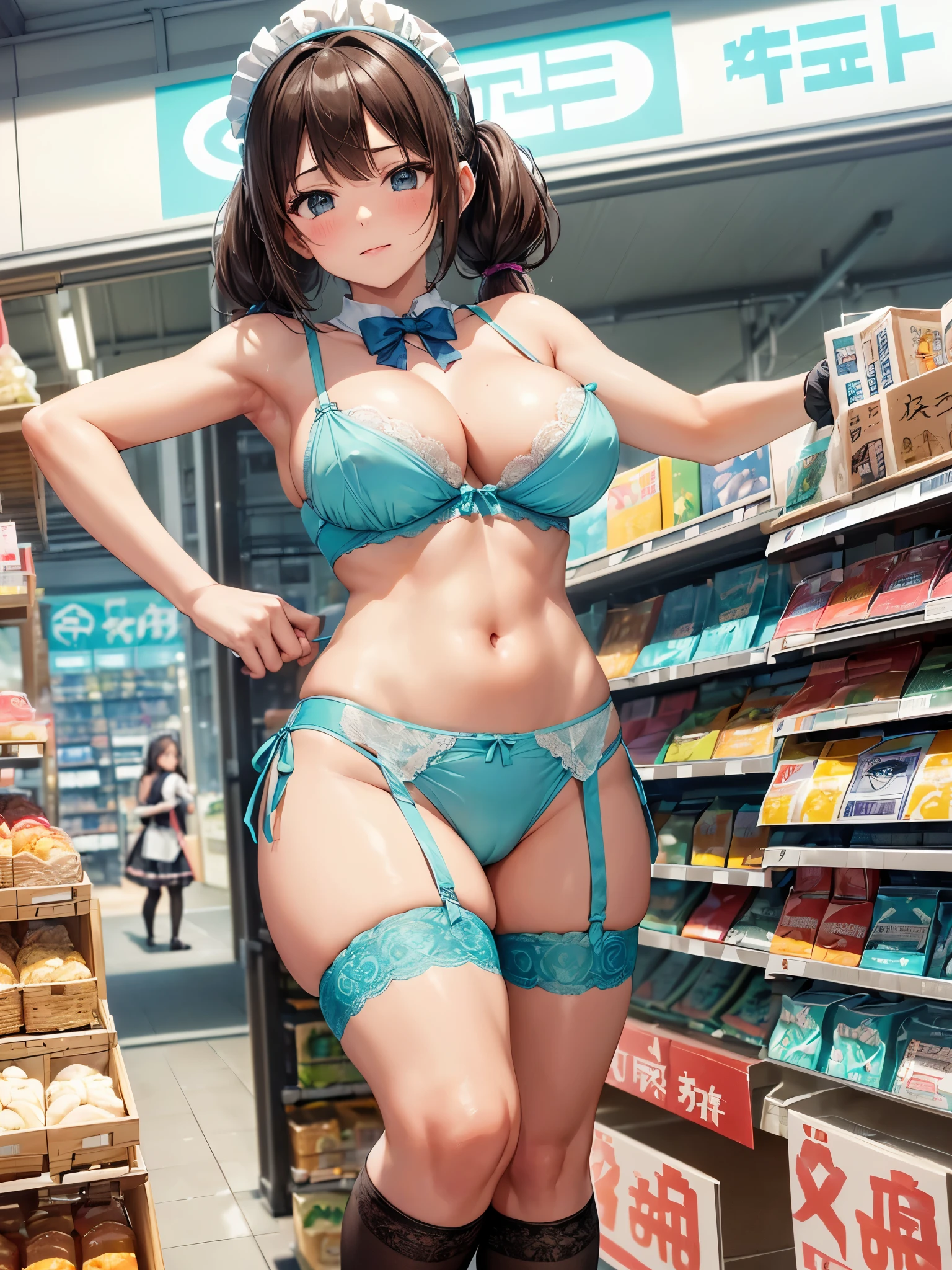 (((masterpiece, Highest quality, High resolution, 超High resolution, Perfect Pixel, Depth of written boundary, 4K, RTTX 10.0))), Beautiful Anime Woman, Beautiful art style, Anime characters, ((Smooth texture, Realistic texture, Anime CG Style)), Perfect and accurate finger count、Exact number of legs、(Exact number of arms:1.0, Exact number of hands:1.0), (Perfect hands, Perfect Anatomy), Cinematic, Realistic, Extremely detailed CG, Daytime lighting, Perfect lighting, Best Shadow, The best natural light, whole body, Perfect body, バランのとれたPerfect body, Perfectly balanced style, Soft body, ((bangs, Dark brown hair, Twin tails, High Up)), ((A cute adult woman is walking towards me:1.8)), ((Bow tie around neck:1.3), (Sexy and cute turquoise underwear:1.3), (Stylish shiny turquoise blue satin panties, Side-tie turquoise panties, Panties with a plain turquoise blue center and lace decoration on the sides, Thin turquoise panties:1.4), (Turquoise micro lace satin bra, Turquoise blue bra with large lace trim around the edges, Turquoise blue open cup bra, A turquoise blue bra with thin fabric covering the nipples, Thin bra:1.4), (lace garter belt, Garter Strings, Knee socks:1.3):1.3), (Beautiful big boobs:1.1), (Embarrassed expression:1.7), blush, (supermarket, Merchandise Shed, aisle, Many visitors in the background, Inside the crowded store:1.7), naked, belly button, In underwear, ブラとパンティとガーターベルトとKnee socksのみ, (Frilly maid headband:1.1), Angle from the front