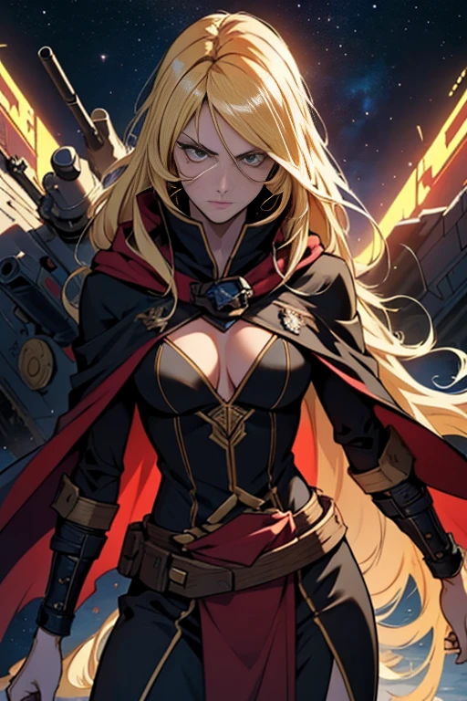 (masterpiece, best quality, 8k, high detailed, ultra-detailed illustration), female space pirate, QUEEN EMERALDAS, (blonde long hair, a scar on face, long slit eyes, long eyelashes, red Pirate costume, red cloak), beautiful cool female, Sad, fleeting, melancholy expression, sharp eyes, sharp face, slender perfect proportion, narrow waist, detailed pupils, detailed skin texture, professional lighting, cinematic lighting, Dynamic action scenes, (background is space battle ship war, Space Pirate War)