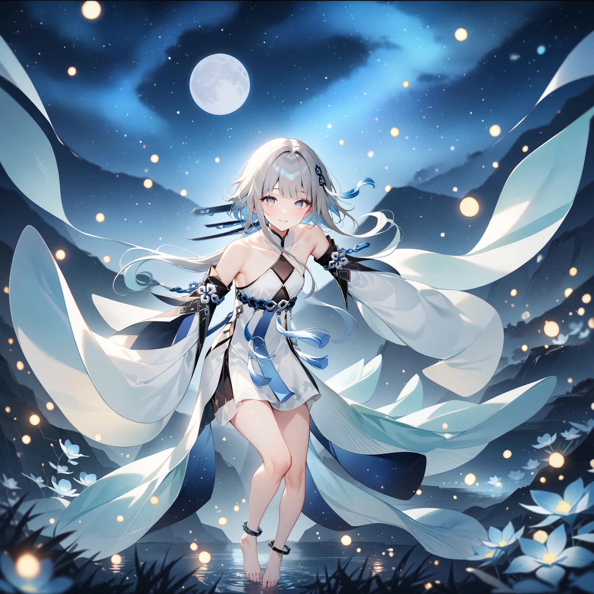 score_9, score_8_up, score_7_up, score_6_up,1girl, guizhong_\(genshin_impact\),(grey hair),short_hair_with_long_locks in front and low ponytail in back,gradient_hair,(pale grey eyes with seafoam gradient),starry_sky_print,detached_sleeves white outside blue starry inside, hands completely hidden by long sleeves,stunning field of softly glowing cerulean and white glaze lilies,night scene,gentle smile,face focus, eye focus,ladyshadow,moonlight,glossy lips,vivid anime coloring,cel shading,smooth, soft dreamy focus,anklet,halter_top,white clothes,highly detailed,digital painting,bare_shoulders,barefoot,cool night tones, magical night scene,bokeh, professional,anemo colored fireflies,nebula of stardust and silvery vapor,harmonious blend of nature and art,transcendent beauty,awe-inspiring artwork,(best quality,4k,8k,highres,masterpiece:1.2),yunamaro,carnelian,dsmile,cosmic stardust,guizhong, guizhong's def clothes, 1girl, long hair, blue eyes, barefoot, guizhong's dress, hair ornament, chinese clothes, sleeves past fingers,