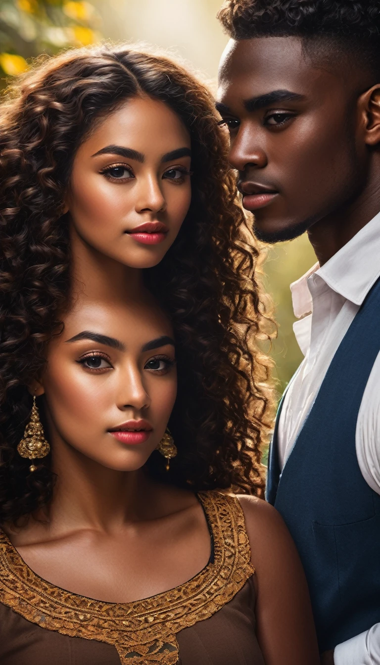 cover book "el precio del deseo" a handsome young african american man,  and a latina woman with dark chocolate skin, beautiful curly haired detailed facial features, romantic couple portrait, cinematic lighting, dramatic atmosphere, vibrant colors, masterpiece, photorealistic, 8k, pic,
