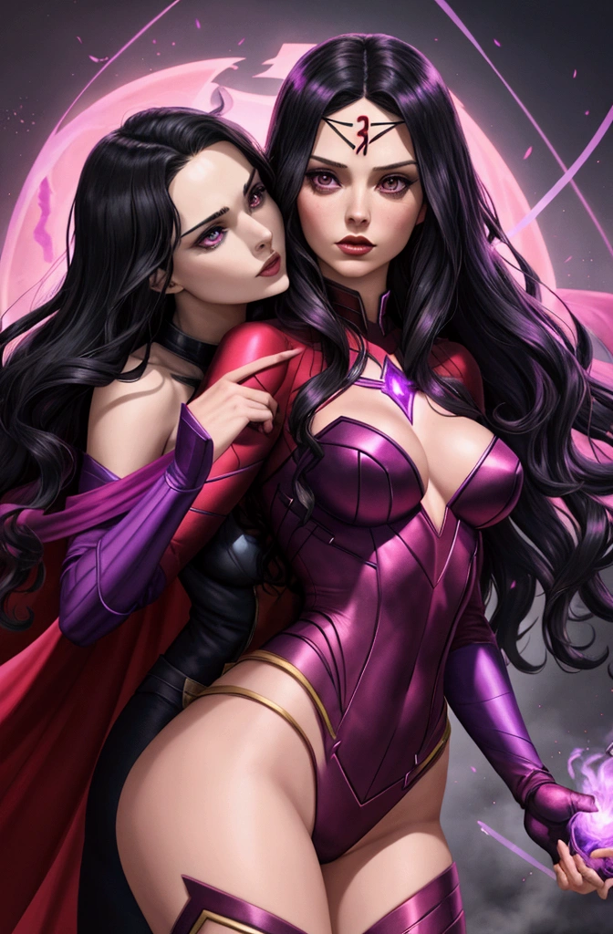 Generate a complete image of Marvel&#39;s Scarlet Witch with another woman with black hair and violet powers. The two surrounded by red and violet smoke. 