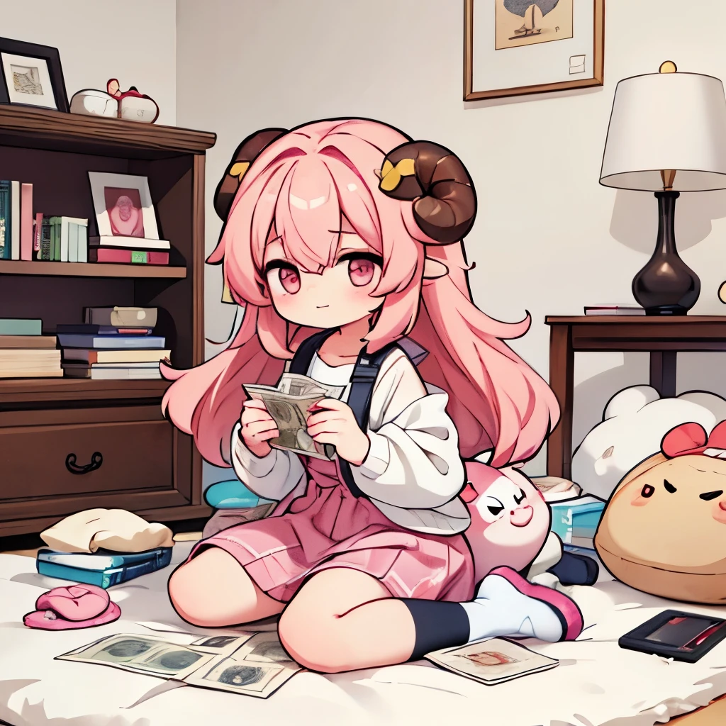 An anime-style illustration of ‘Fua-chan’ putting money into a safe. Fua-chan has distinctive features: long pink hair styled in soft curls resembling sheep’s horns, and pink eyes. She is depicted kneeling or standing next to an open safe, carefully placing stacks of money or bags of coins inside with a focused and satisfied expression. She is wearing casual, comfortable clothing. The background shows a tidy and well-organized room with a few personal items, creating a secure and responsible atmosphere as she secures her savings. long skirt