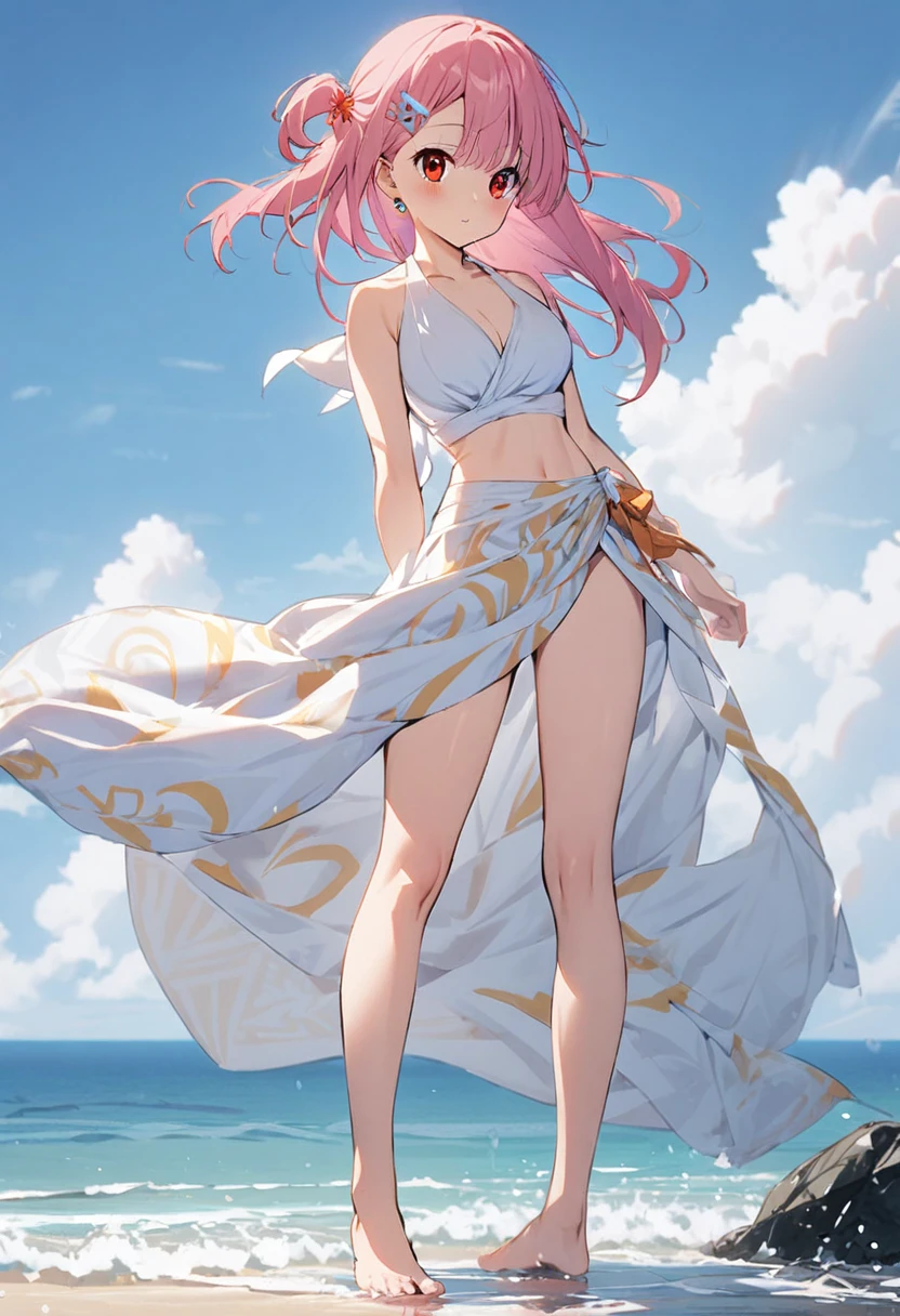 1 girl(white pareo, pink hair, half side up hair, flower hair clip, red eye, barefoot, standing), sea side, 振り向き
