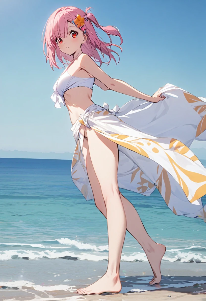 1 girl(white pareo, pink hair, half side up hair, flower hair clip, red eye, barefoot, standing), sea side, 振り向き