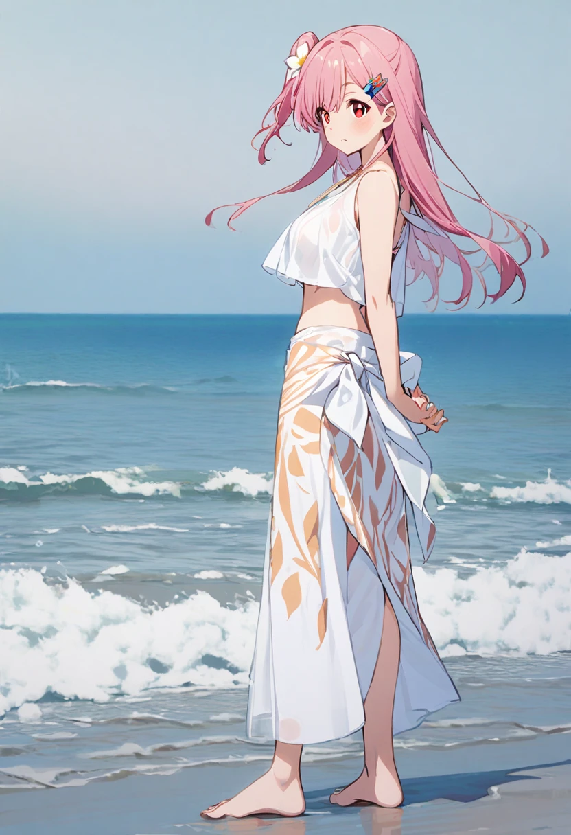 1 girl(white pareo, pink hair, half side up hair, flower hair clip, red eye, barefoot, standing), sea side, 振り向き