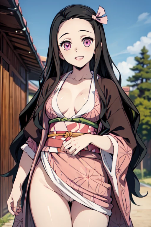 (masterpiece:1.3), (best quality:1.1), (8k, ultra detailed, ultra high res:1.2), ((anime style)), detail perfect 5 fingers, perfect anatomy, 
1girl,
Kamado Nezuko, 
BREAK long hair, wavy hair, forehead
black hair, 
pink eyes, 
ribbon, 
small breasts,  
BREAK japanese clothes, pink kimono, brown haori, obi, 
smile, (fellatio), (nsfw), 
looking at viewer, 
cowboy shot, 
BREAK nighttime, (fantastic:1.2), 