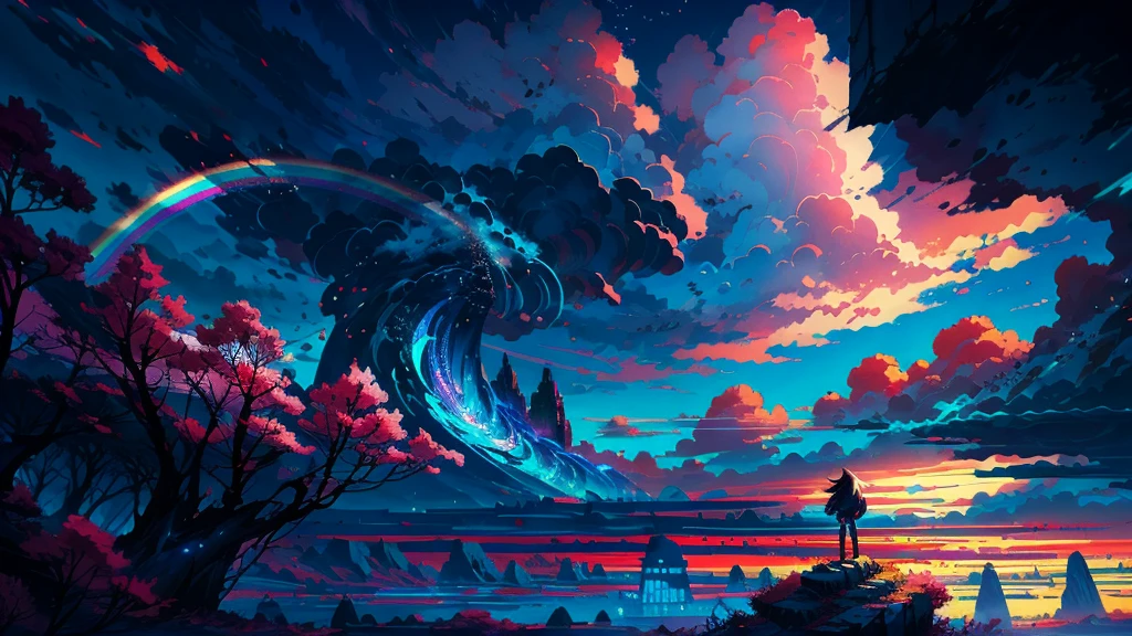 Anime girl standing on a rock looking at rainbow sky, makoto shinkai cyril rolando, anime art wallpaper 4k, anime art wallpaper 4k, Anime art wallpaper 8k. by makoto shinkai, inspired by Cyril Rolando, in the style dan mumford artwork, amazing wallpapers, by Yuumei