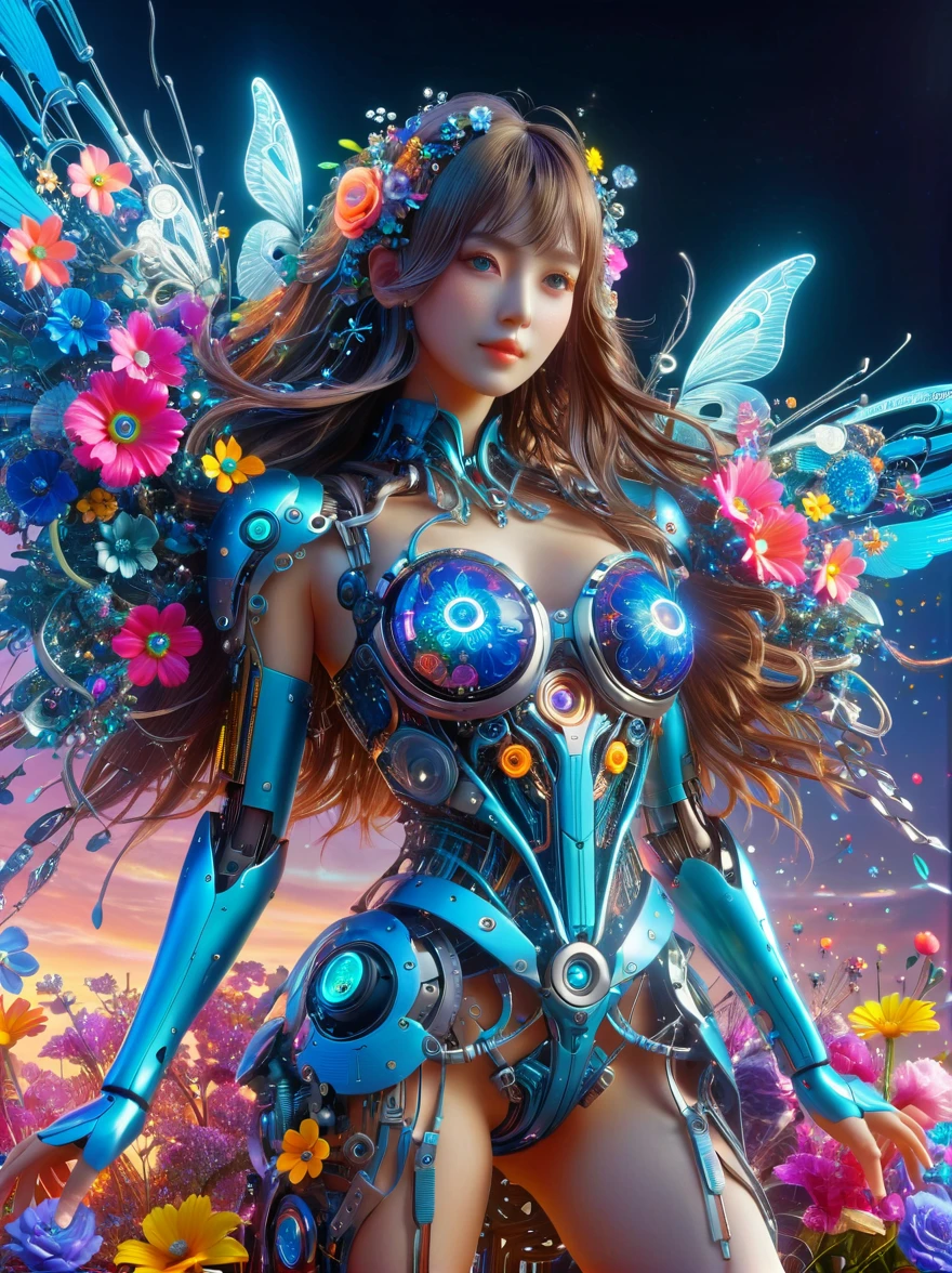 (3D,Mechanical feel,cute,ais-scrapyrd 1girl,tulip),(使用广角镜头拍摄whole body图像:1.9),(masterpiece:1.1),(Highest quality:1.1),(HDR:1.0),Ambient Light,Ultra high quality,(Ultra-detailed original illustrations),(1 Girl,whole body),(Rainbow Skirt),(Slender thighs),(由tulip花朵制成的鞋子: 1.5),((Harajuku Fashion)),((Flowers with human eyes,Eye disease)),Double Exposure,Fusion of Fluid Abstract Art,Fault,(Original illustration composition),(Limited color blending,Extreme art style,Geometric artstyle), , Colorful neon lights,High-tech mechanical parts,Metal body,Detailed Vibranium Flower Design,Vibrant colors,Dynamic glowing flowers,Reflective metal surface,Bright environment,Dynamic poses,Exquisite existence,Skills Improvement,Interlocking mechanical gears,Stylish design,motion blur effect,Detailed metal treatment,Sci-fi atmosphere,Streamlined aerodynamic shape,Laser scanning pattern,Holographic projection,LED light track,Beautiful and unforgettable,Advanced sensors,Complex algorithms,Ominous and mysterious atmosphere,Electric Spark,Shiny chrome,Propulsion systems of the future,(Best quality,8k,high resolution,masterpiece:1.2),Super detailed,(whole body:1.8), magazine photography,一个cute的女孩形象,Popular on social platforms,((Dopamineism)),(((Dopamine color matching))),Dopamine,(in the style of Y2K),Luo Erchun,3D古风,Oriental poetry and painting