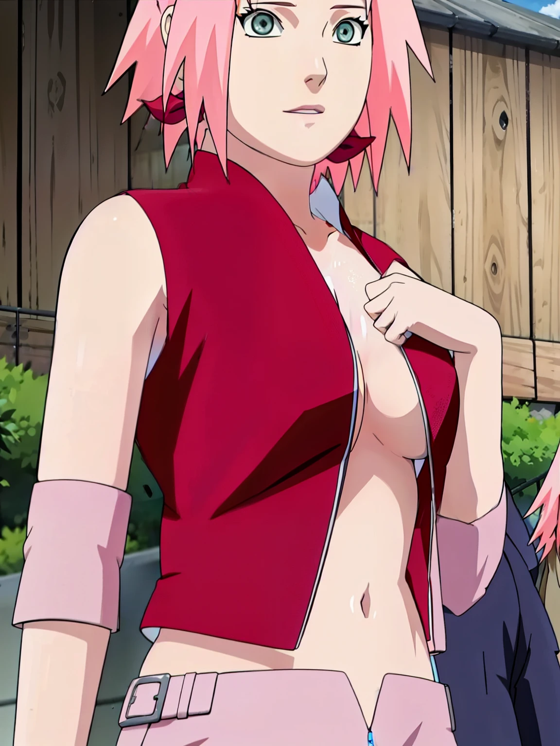Sakura Haruno open blouse open zipper ripped blouse  ripped shirt showing   and belly.