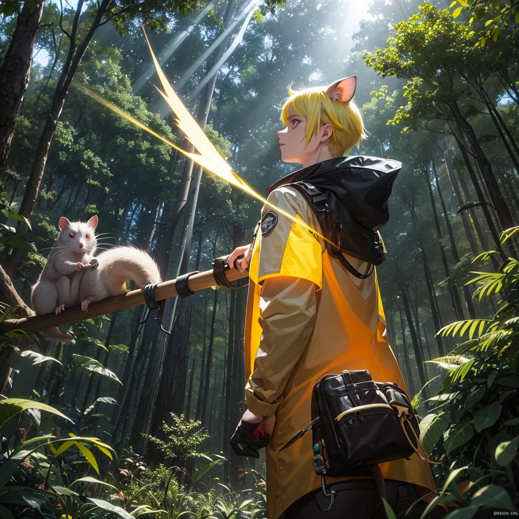An electric Australian possum with its yellow hair, its lightning-shaped tail. With red cheeks and black tips. Shooting yellow rays through his body. In a forest