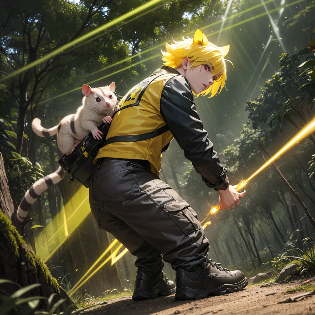 An electric Australian possum with its yellow hair, its lightning-shaped tail. With red cheeks and black tips. Shooting yellow rays through his body. In a forest 