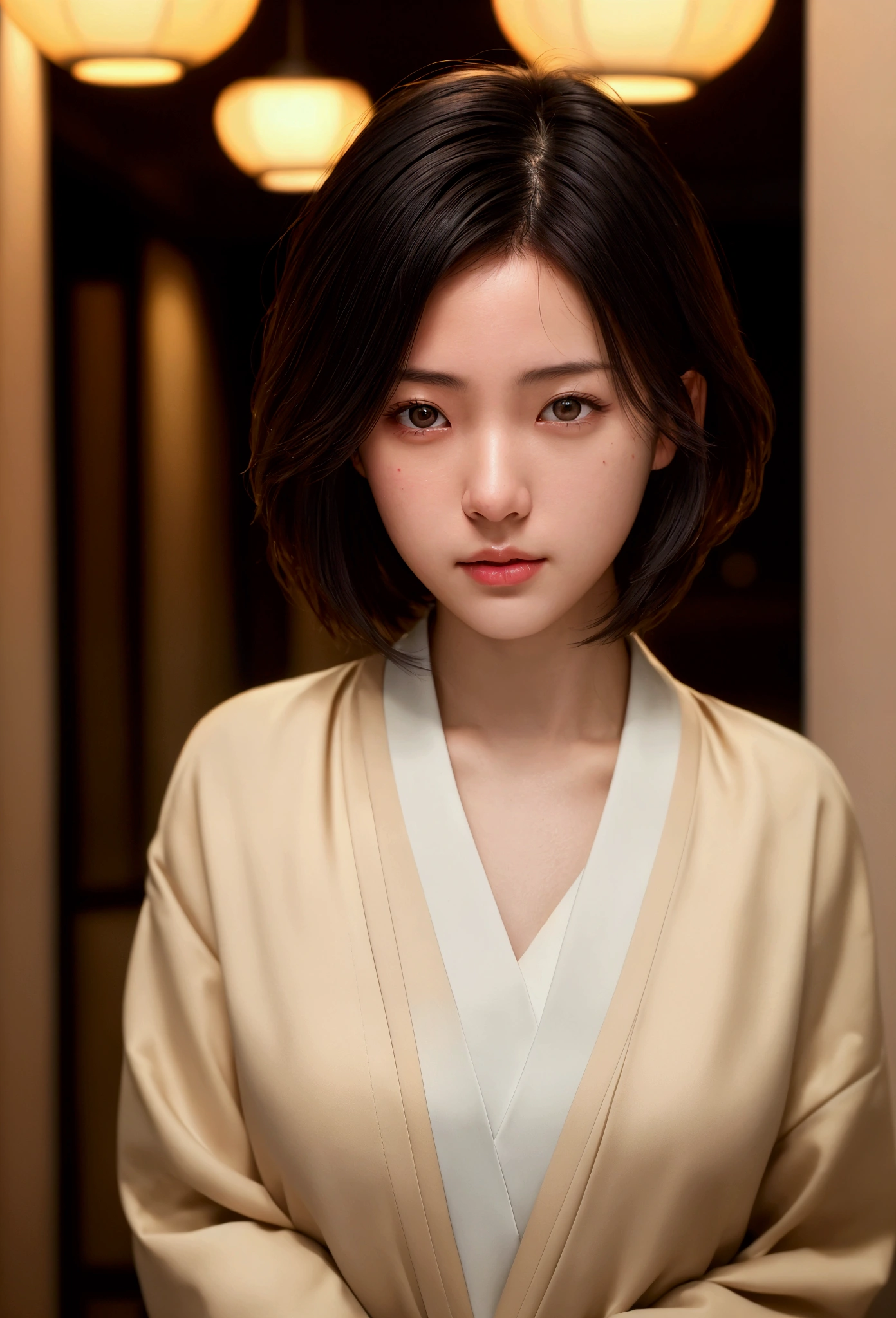 (Top Quality, Masterpiece:1.3, Ultra High Resolution,),(Highly Detailed, Caustics),(Photorealistic:1. 4, RAW Shooting,) Ultra Realistic Capture, High Definition, High Resolution 16K suitable for human skin, Natural Skin Texture, Skin tone looks even and healthy, Use natural light and color, Natural skin tone looks even and healthy Uniform and healthy looking, Using natural light and color, One Woman, Japanese, Cute, Dark hair, Medium hair, (Depth of field, Chromatic aberration, Wide lighting range, Natural shading), (Evening hotel entrance lighting: 1. 4), (Hair blowing in wind: 1), Short hair, Outside split edge