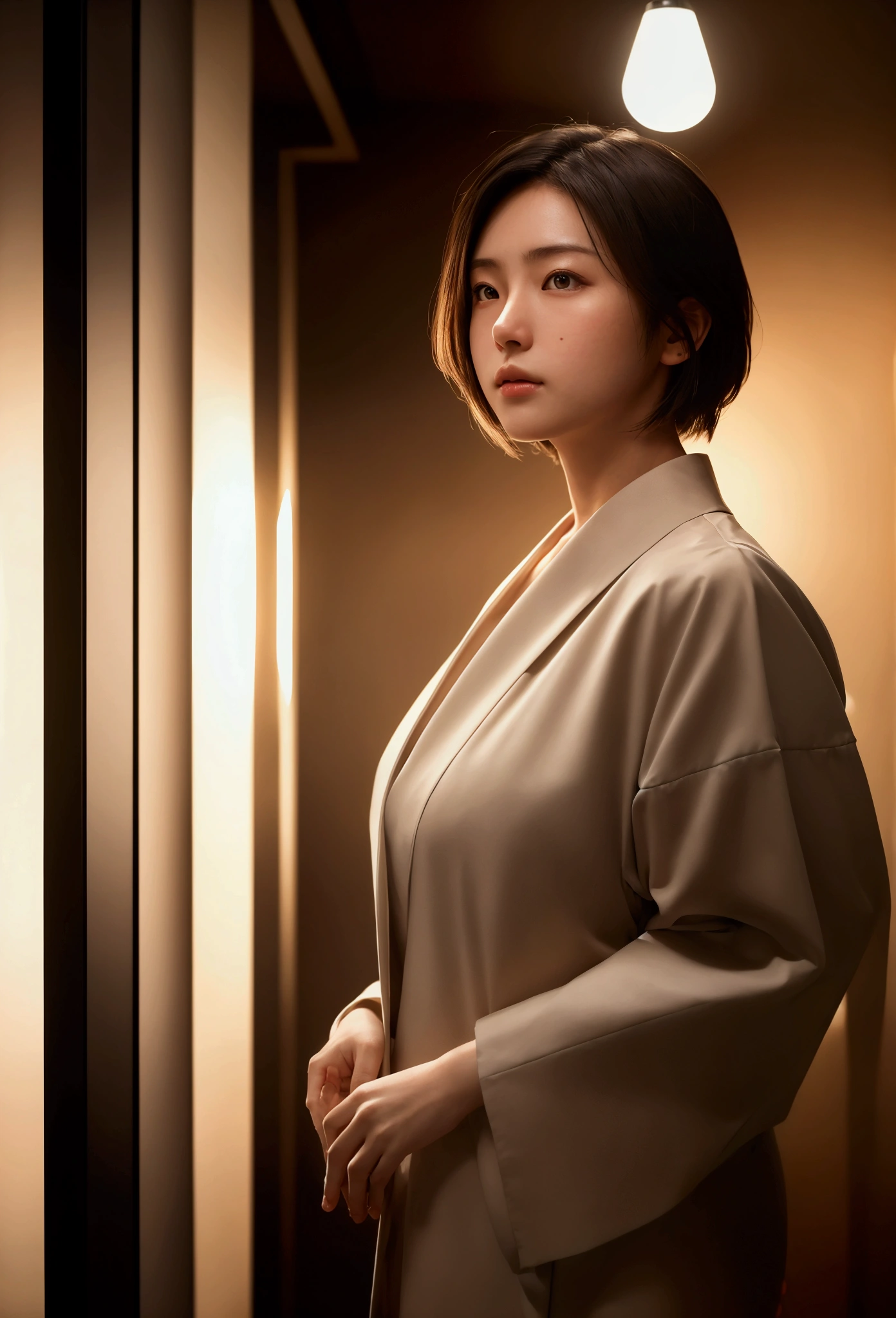 (Top Quality, Masterpiece:1.3, Ultra High Resolution,),(Highly Detailed, Caustics),(Photorealistic:1. 4, RAW Shooting,) Ultra Realistic Capture, High Definition, High Resolution 16K suitable for human skin, Natural Skin Texture, Skin tone looks even and healthy, Use natural light and color, Natural skin tone looks even and healthy Uniform and healthy looking, Using natural light and color, One Woman, Japanese, Cute, Dark hair, Medium hair, (Depth of field, Chromatic aberration, Wide lighting range, Natural shading), (Evening hotel entrance lighting: 1. 4), (Hair blowing in wind: 1), Short hair, Outside split edge