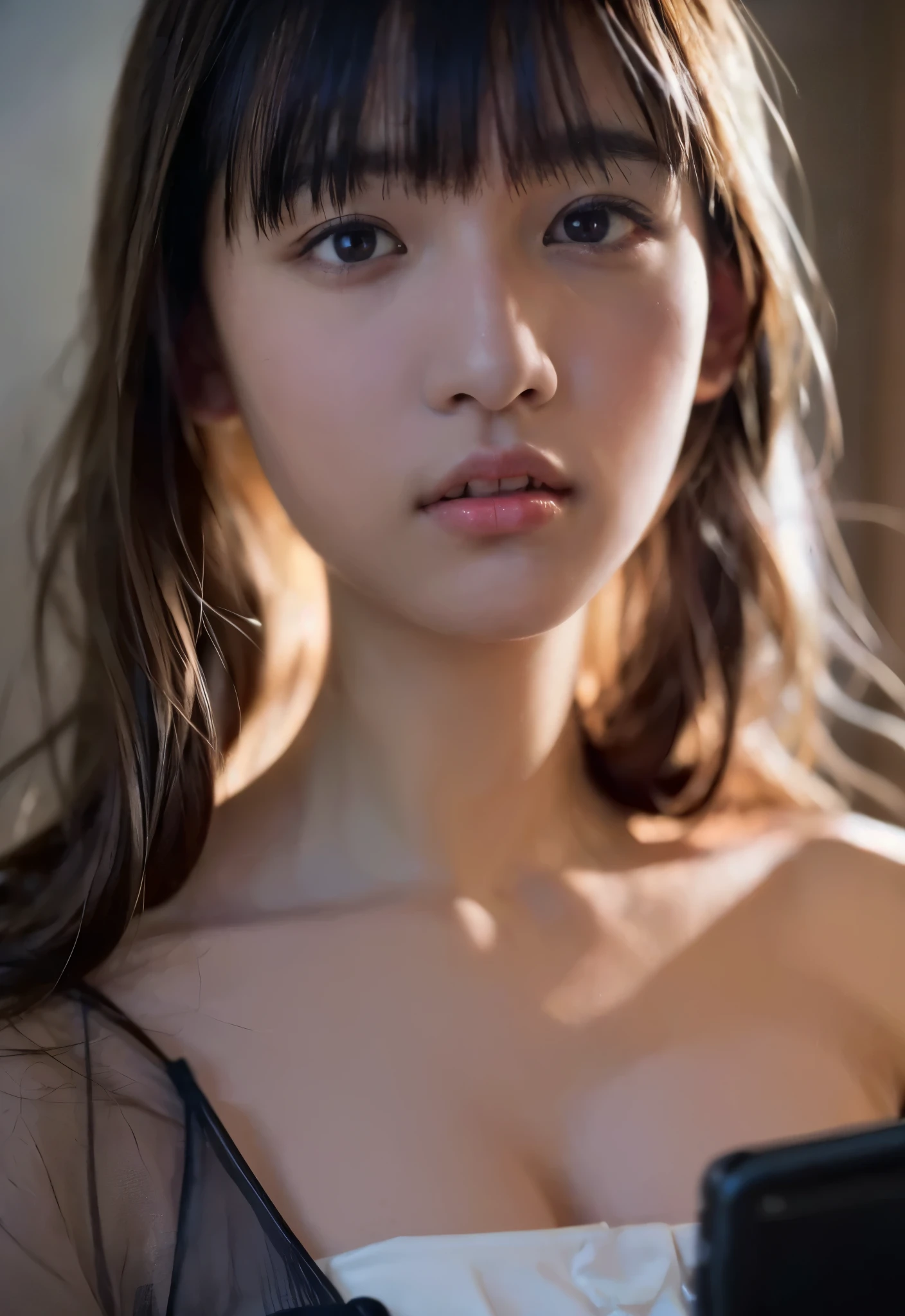 (masterpiece, best quality:1.2), portrait photography, shiny skin, (detailed skin:1), (detailed face:1), (detailed eyes:1), nsfw, (a photo of :1.0), (18yo:1.1), (Japanese idol:1.1), beautiful face, (baby face:1.0), (flat chest:1.0), (inverted nipples), (short:1.0), (no making:1.2), (curvy:1.0), long ponytail, (half-open mouth:0.7), sexfb