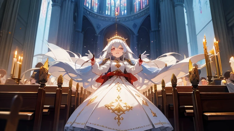 In front of the altar of a majestic church、casting judgement with magic, her voice echoing beautifully. Magic gathers around her, enveloping her in a holy aura as she chants girl with long silver hair, Classic White Wedding Dresses、long white embroidered gloves, ceremonial robes, mass vestments, , enormous puffy sleeves, long cuffs with many buttons, golden embroidery, cross details, Long Train, lots of frills and lace, red capes, gently reaches out to you