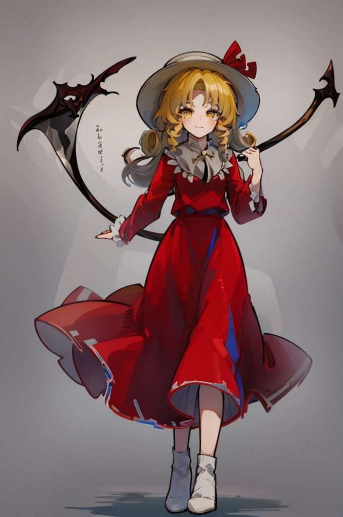 a drawing of an anime character in a red dress and boots with a large scythe, ((high end)), (UHD picture), (best quality,4k,8k,highres,masterpiece:1.2), top-quality(​masterpiece), top-quality, ultra-detailed, highly detailed texture, intricate details, high quality textures, masterpiece, best quality, perfect quality, perfect anatomy, perfect body, perfect symmetrical face, 1 beautiful girl, 1 girl, alone, solo, 10 years old, (((loli))), ((childish)), hat, white hat, blonde hair, long hair, parted bangs, drill hair, well-formed face, yellow eyes, maxi dress, red dress, dress, long sleeves, frills, long skirt, simple background, scythe, holding scythe, holding, white socks, smile, cute face, beautiful, holding scythe