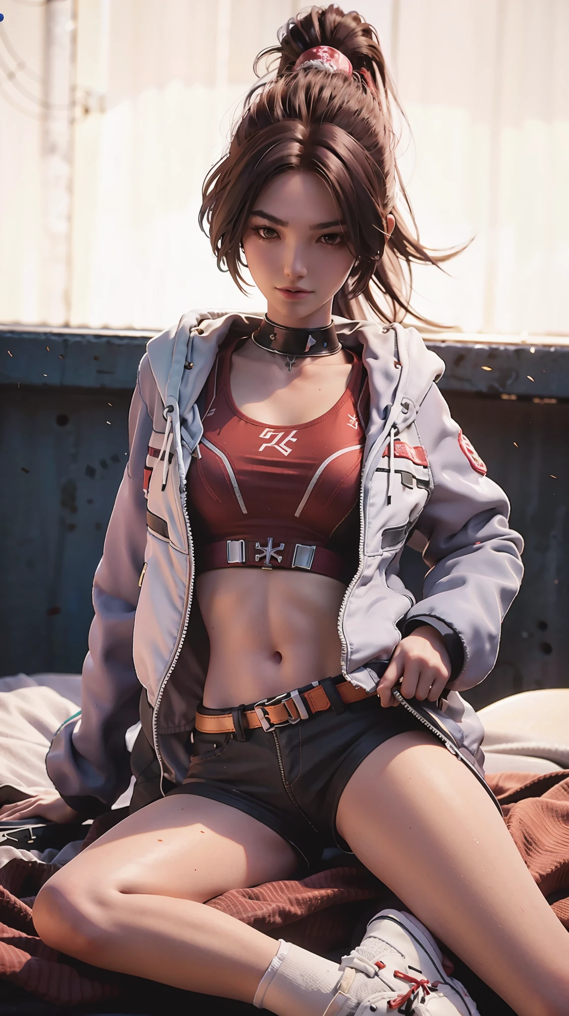 a beautiful young woman with brown eyes and brown hair, sitting cross-legged on a bed, one leg slightly raised, wearing black shorts, a red tank top, an open white jacket, white thigh-high socks, and sneakers, against a fiery background, in an athletic pose