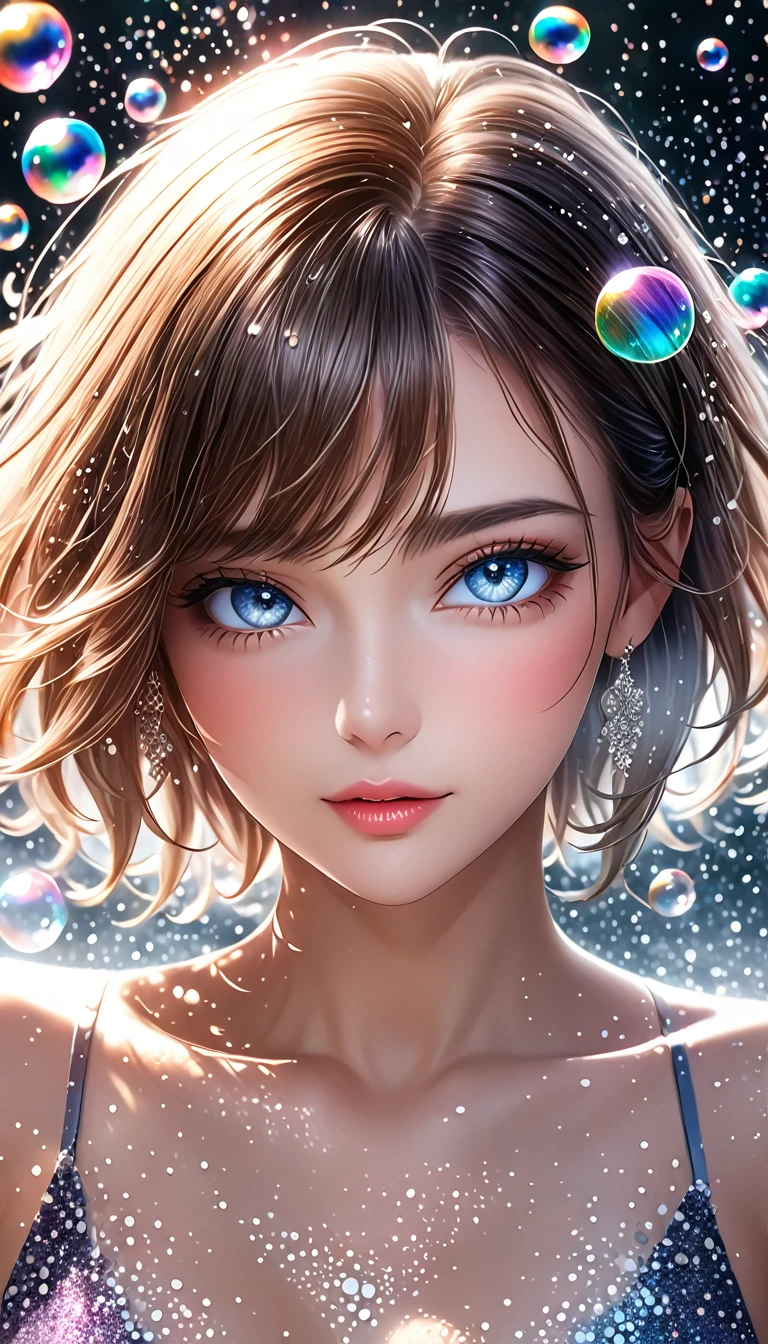 beautiful woman with seductionin her eyes, portrait, shading effects, gradation magic effects, glitter effects, soap bubbles effects, foggy filter effect, (ultra detailed, absolutely resolution, best quality:1.3), 2.5D, delicate and dynamic, artistic photography, hyper realistic, graphic CG digital art, 