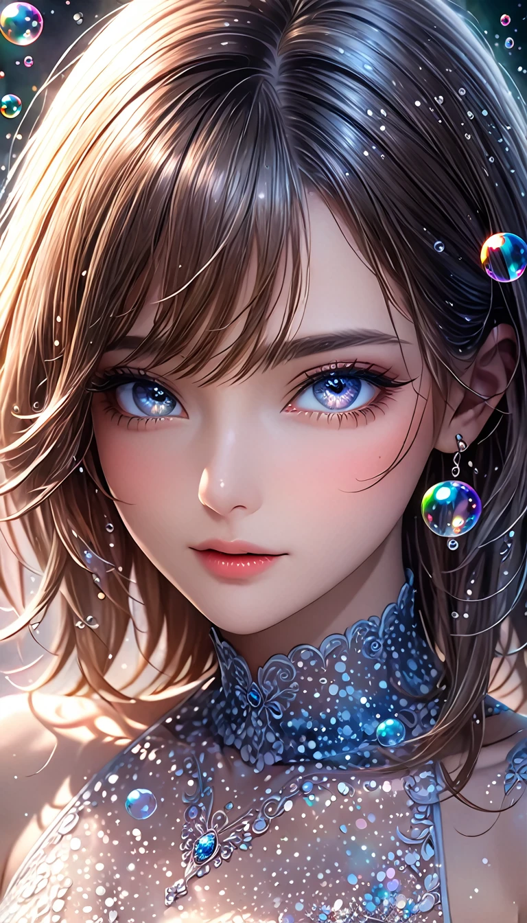 beautiful woman with seductionin her eyes, portrait, shading effects, gradation magic effects, glitter effects, soap bubbles effects, foggy filter effect, (ultra detailed, absolutely resolution, best quality:1.3), 2.5D, delicate and dynamic, artistic photography, hyper realistic, graphic CG digital art, 