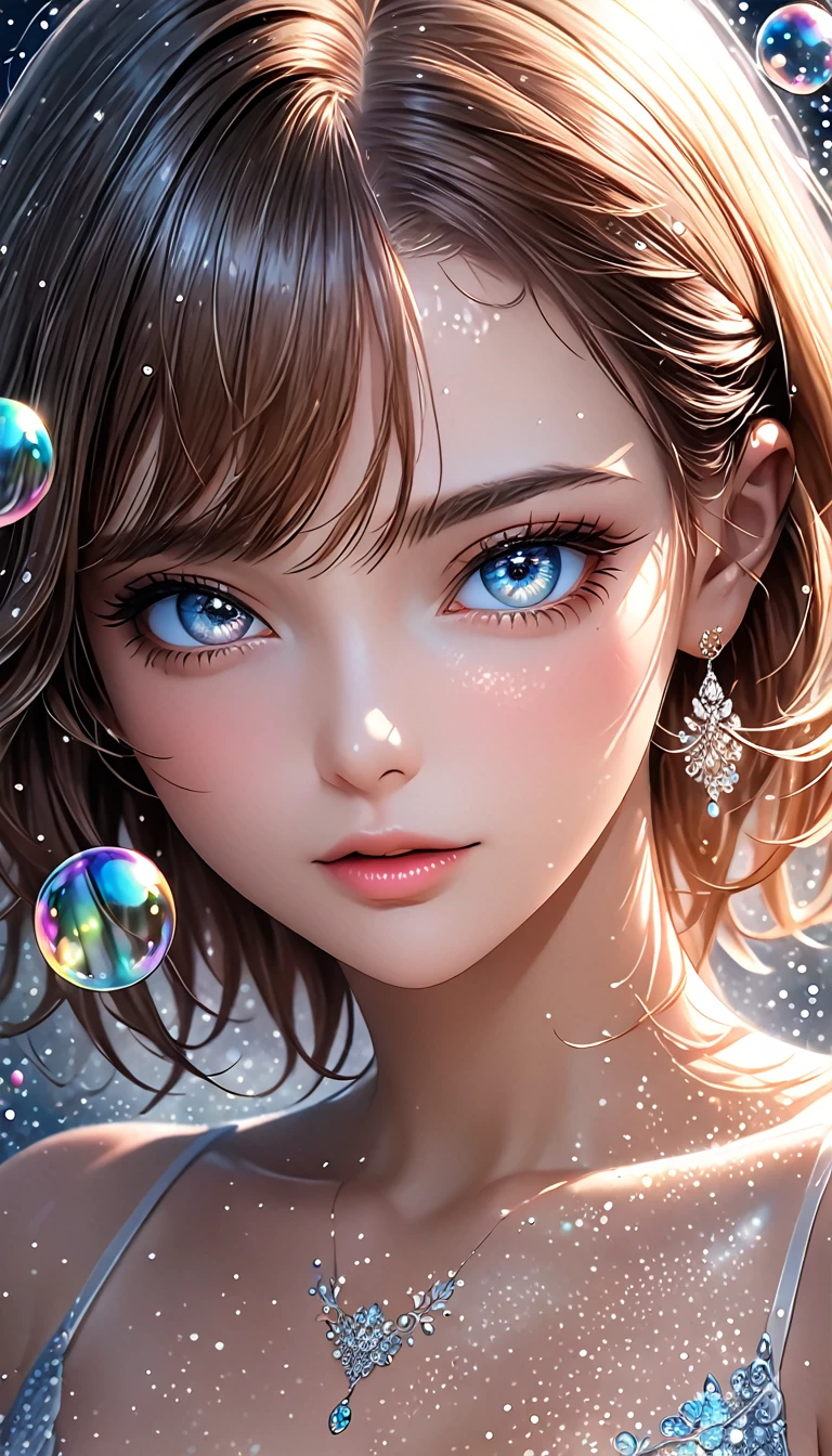 beautiful woman with seductionin her eyes, portrait, shading effects, gradation magic effects, glitter effects, soap bubbles effects, foggy filter effect, (ultra detailed, absolutely resolution, best quality:1.3), 2.5D, delicate and dynamic, artistic photography, hyper realistic, graphic CG digital art, 