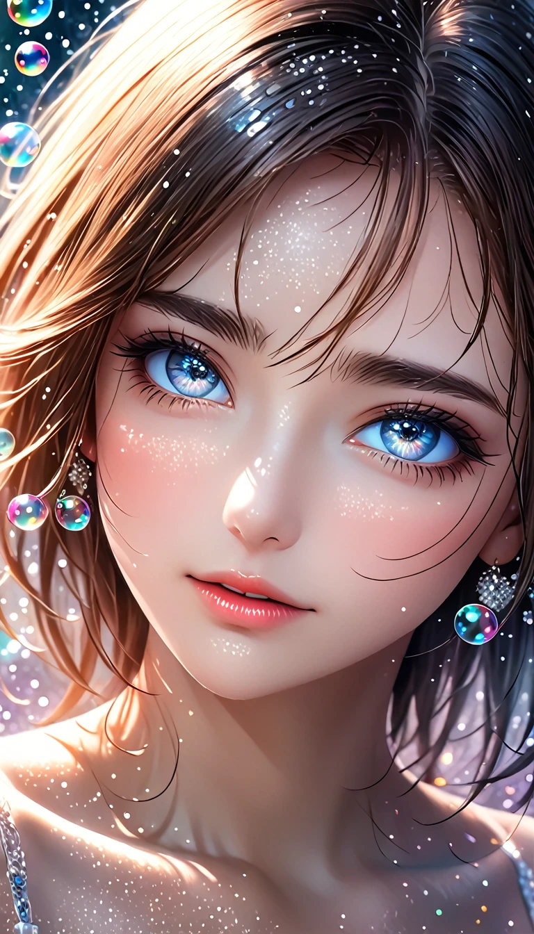 beautiful woman with seductionin her eyes, portrait, shading effects, gradation magic effects, glitter effects, soap bubbles effects, foggy filter effect, (ultra detailed, absolutely resolution, best quality:1.3), 2.5D, delicate and dynamic, artistic photography, hyper realistic, graphic CG digital art, 