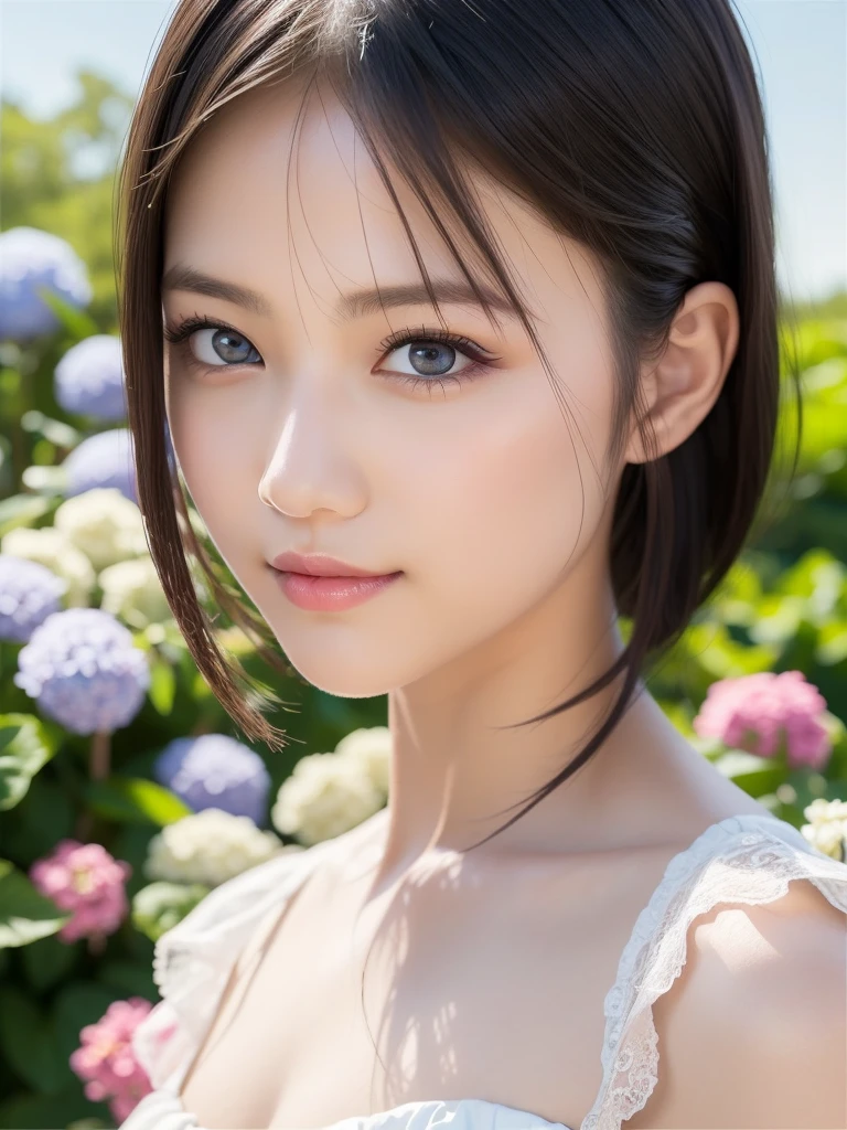 (whole body)、(Highest quality:1.5)、(Realistic:1.5)、(1 person:1.5)、(Very detailed)、(High resolution)、8k、(Wear a lace dress)、(Small breasts)、Natural color lips、Cute Smile、20-year-old girl、(beautiful and elaborate face)、(完璧でbeautiful顔)、(Big eyes)、(beautiful and elaborate face)、(beautiful, Balanced Eyes)、beautiful double eyelids、完璧でbeautiful顔、Arched thin eyebrows、Slim face、(Slim figure)、beautiful and thin nose、 beautiful Skin、(Medium Bob Hair)、Natural Bangs、Fair skin、Front lighting、(Facial lighting)、Deep blue eyes、Slim waistline、(スリムでbeautiful脚、Hydrangea、garden