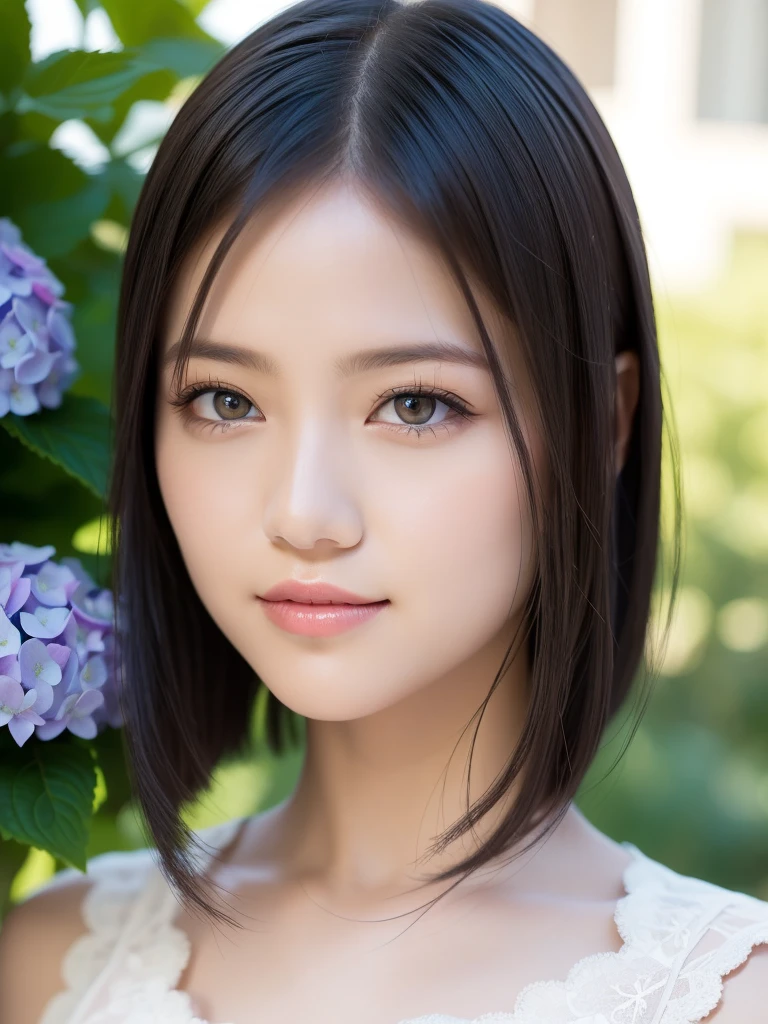 (Squat)、(Highest quality:1.5)、(Realistic:1.5)、(1 person:1.5)、(Very detailed)、(High resolution)、8k、(Wear a lace dress)、(Small breasts)、Natural color lips、Cute Smile、20-year-old girl、(beautiful and elaborate face)、(完璧でbeautiful顔)、(Big eyes)、(beautiful and elaborate face)、(beautiful, Balanced Eyes)、beautiful double eyelids、完璧でbeautiful顔、Arched thin eyebrows、Slim face、(Slim figure)、beautiful and thin nose、 beautiful Skin、(Medium Bob Hair)、Natural Bangs、Fair skin、Front lighting、(Facial lighting)、Deep blue eyes、Slim waistline、(スリムでbeautiful脚、Hydrangea、garden、