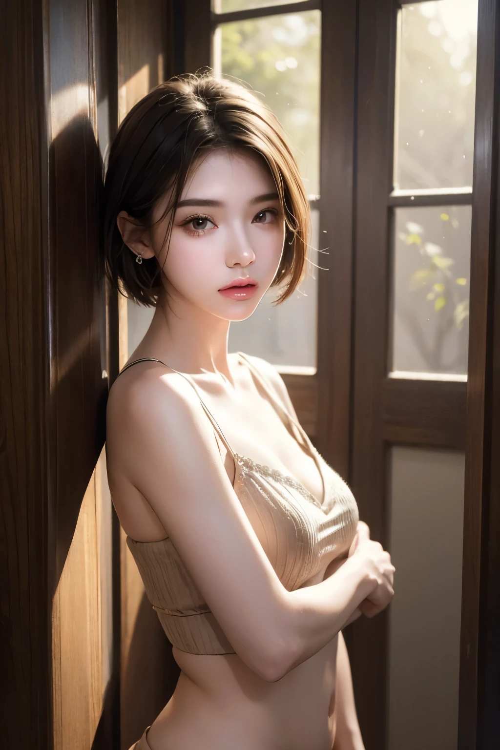 (8k, RAW Photos, Highest quality, masterpiece: 1.2), Super detailed, Super Resolution, (Genuine, Genuine photos: 1.3), Portraiture, High-resolution RAW color photos, Professional photos, とても細かくて美Shii, Very detailed, Amazing details, Large file size, Official Art, beautiful girls,Very detailed目, Very detailed肌, Very elaborate fingers, Very detailed鼻, Very sophisticated mouth, Perfect Anatomy, Detailed Background, Detailed clothing, One Girl, (20:1.2), , Cute girl, Realistic body,White skin, Glowing Skin, The body is slim, like々Shii, かわいらShii顔, Realistic Face, (short hair), Earrings, Dynamic Lighting,Very small and plump breasts