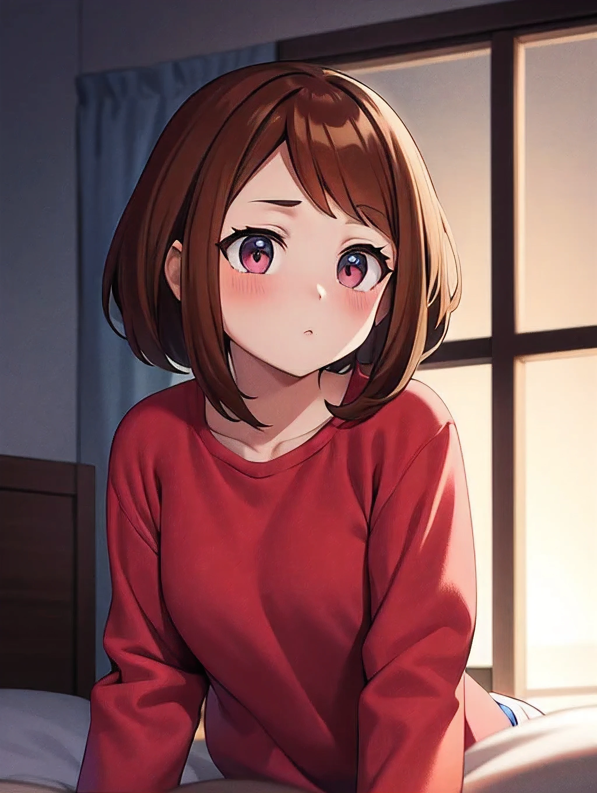 Ochaco Uraraka, lying in bed with short pajamas, Intricate details, maximum resolution, 4k