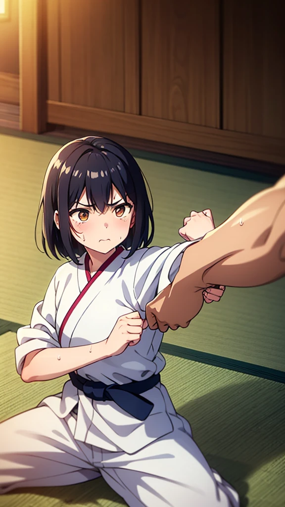 ((masterpiece, Highest quality, Very detailed, Very nice 8K CG wallpaper)), , A little thick, Medium Hair, slightly dark blue black hair, short hair, Deep orange eyes,judo player、長袖judo着、Large bust、ロングjudoパンツ、judo、Serious expression、Inside the judo Gymnasium、、On the tatami、discovery、One Girl、Combat Stance、A tough fight、Shiraishi Apricot、Bust Size D Cup、Clenched hands(punch:1.3)、Spread your legs、sweating、I smell a violent fight with a boy...、男の子と女の子の匂いjudo着に匂い混ざってついている、Her hand smelled like it had been held by a boy....、The smell of a boy touching me、My wrists are shining with sweat、My hands are shining with sweat、My feet are shining with sweat、My fingers are shining with sweat、My nails are shining with sweat、His face is shining with sweat、My hair is shining with sweat、Sniffed by the boy、Inconspicuous bruises and swelling from being punched, He was kicked and thrown by the boy..、The skin is a little dirty、I smell a bit like a boy because of my sweat....、When he grabbed me、I shook him off...、Drooping sweat、My skin became shiny with sweat.、Smells like a girl、Cool sweat、A little hot、Shining with sweat、My ears are shining with sweat、Nails turn white、There was a boy&#39;Saliva is attached、男の子の唾液の匂いjudo着についた激しい戦いしたとき、男の子にpunchされた後汗吹きでた、I was sweating after being kicked by a boy、I was sweating after being thrown by a boy