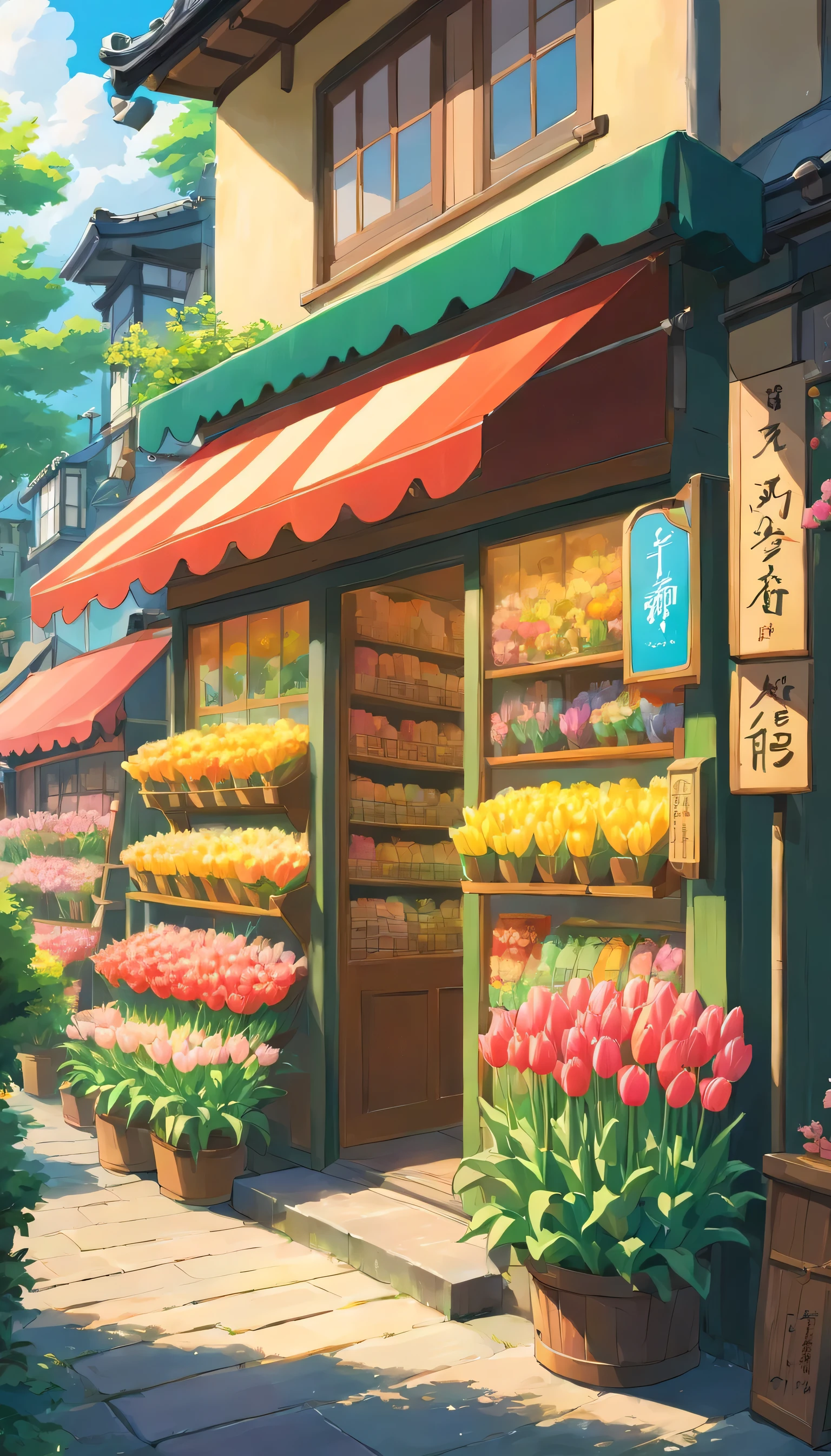 Generate a Japanese tulip shop with many tulips of various colours