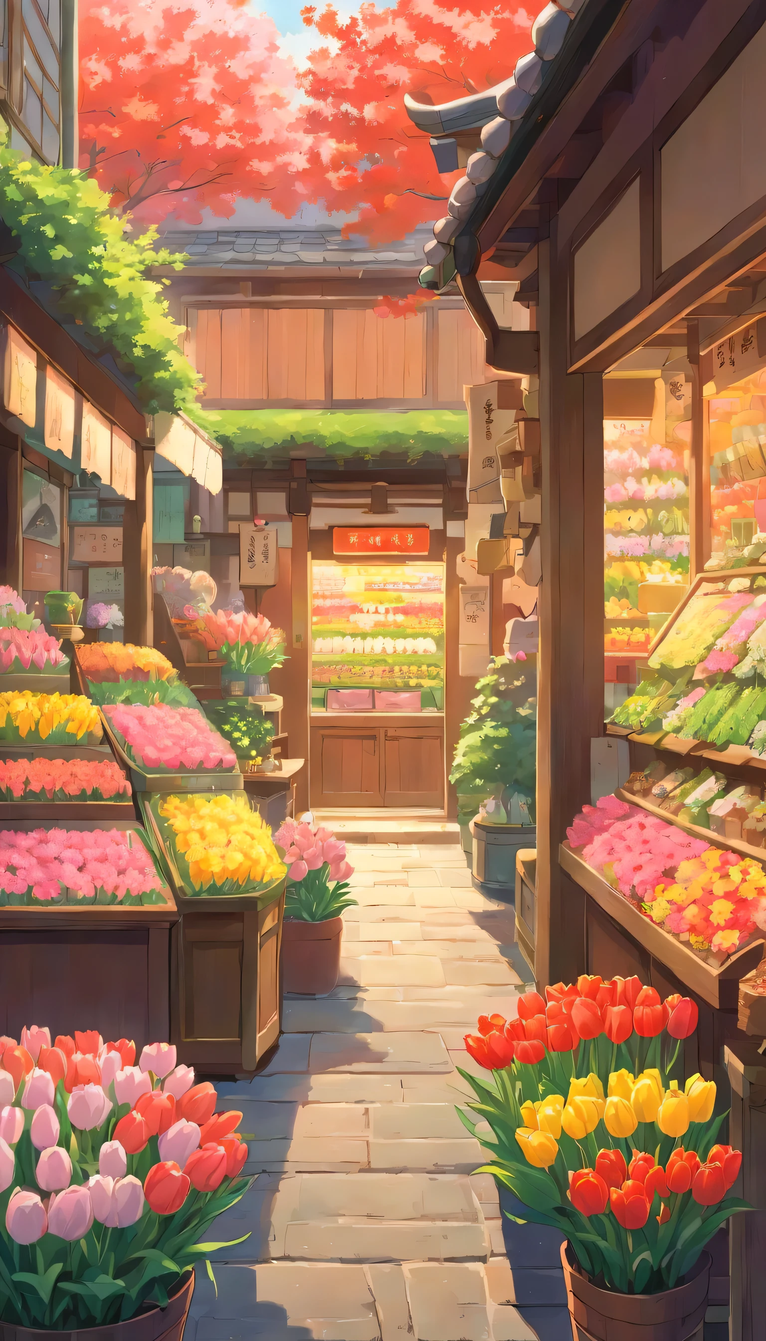 Generate a Japanese tulip shop with many tulips of various colours 