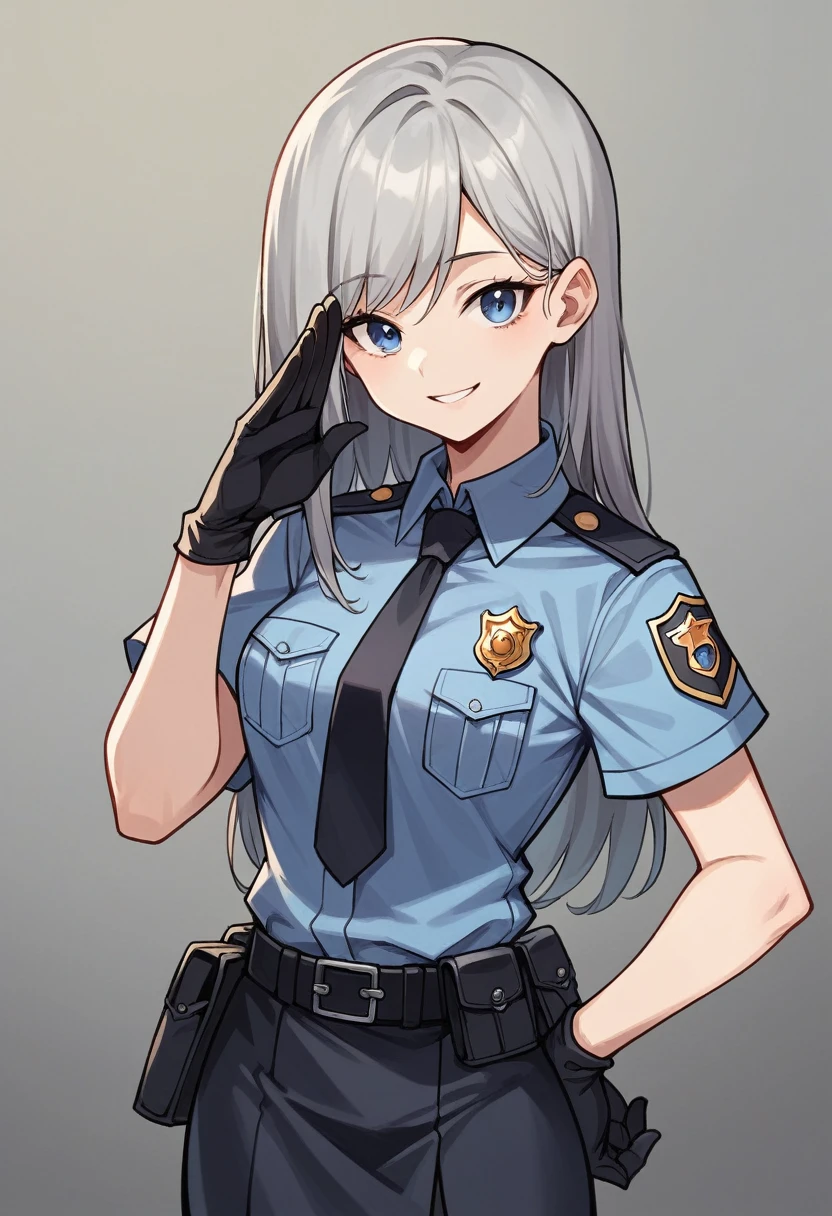 Tabletop, Highest quality, High resolution, One Girl, alone, Long Hair, Have, blue eyes, Gray Hair, My hair is messy, Black gloves, White socks, Police uniform, Black Skirt, Short sleeve, Cowboy Shot, salute, Put your hands on your hips,smile,
