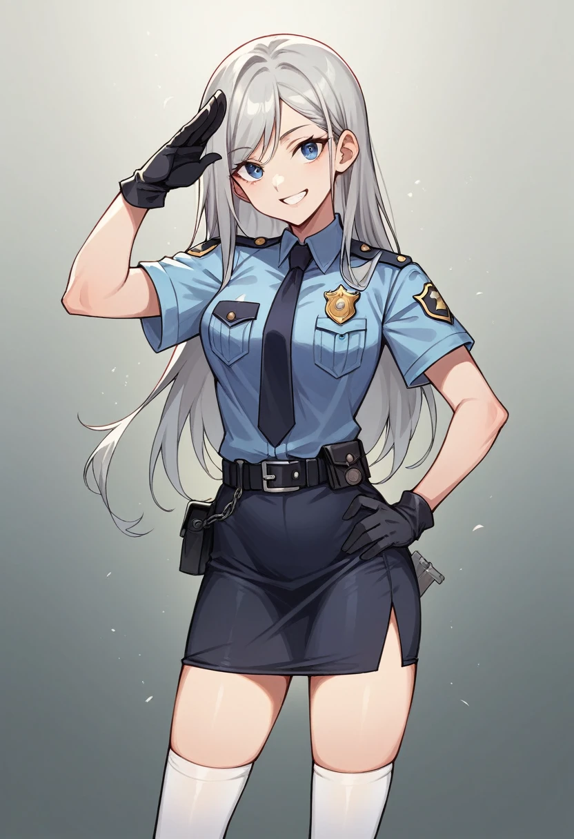 Tabletop, Highest quality, High resolution, One Girl, alone, Long Hair, Have, blue eyes, Gray Hair, My hair is messy, Black gloves, White socks, Police uniform, Black Skirt, Short sleeve, Cowboy Shot, salute, Put your hands on your hips,smile,