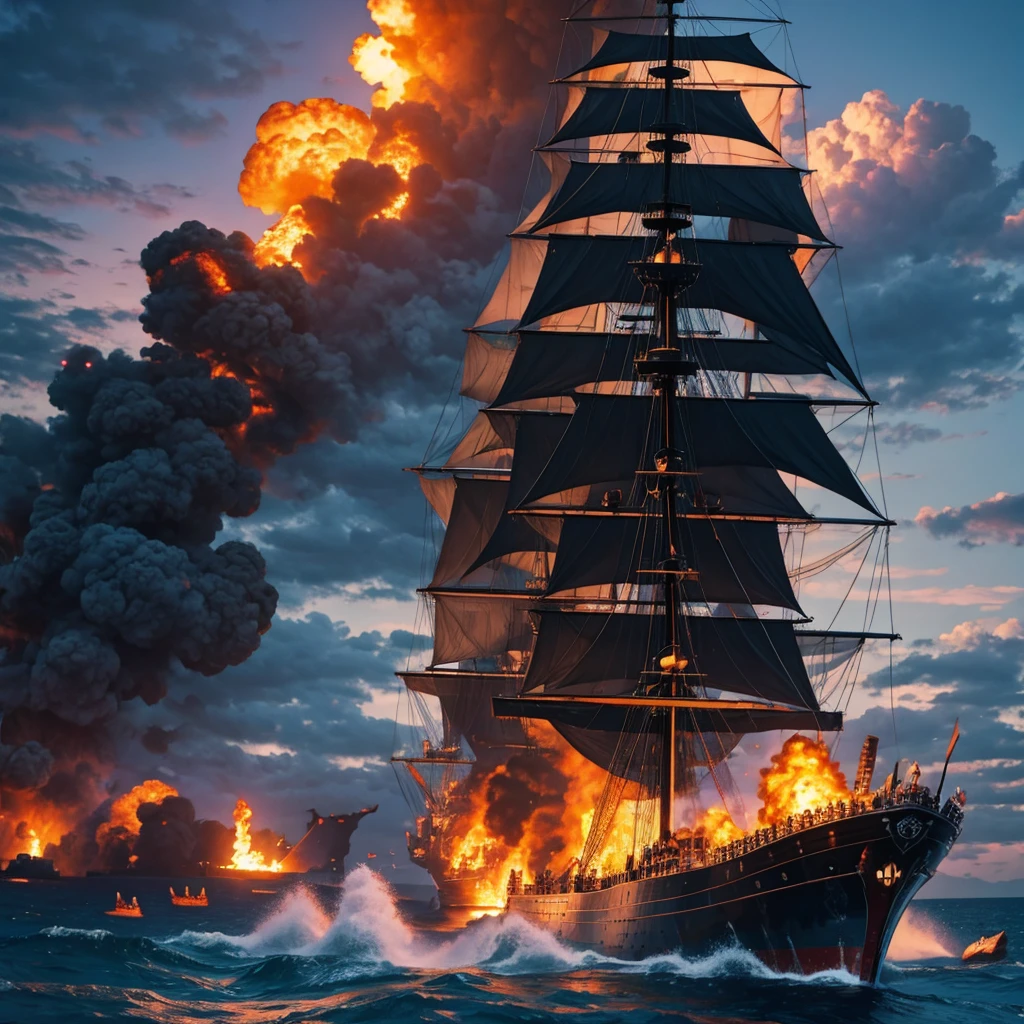 Masterpiece, best quality, ultra detailed, pirate war,sea, battleship,