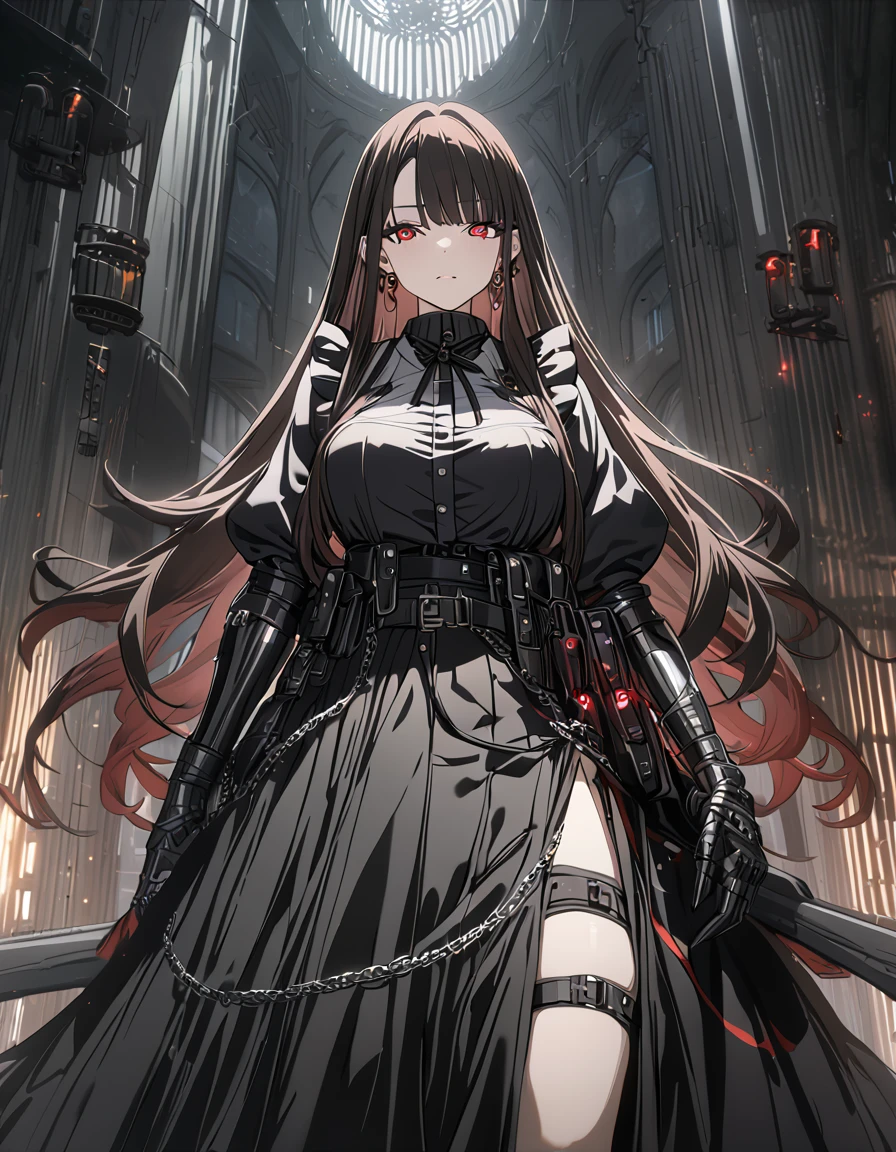 Dark brown hair, earrings, webbed belt, tactical, pouches, chain, black maid outfit, frills, apron, weapon Holster, webbed belt, long skirt, metal gloves, black thighhighs, large breasts, long hair, sharp eyes, red eye liner, ominous vibe, aesthetic light glow, shadowy, Ultra quality, UHD, high detail, anime aesthetic, Anime screenshot, Ultra quality, UHD, high detail