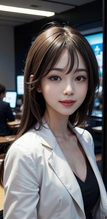masterpiece, 1 beautiful girl, detailed, Swollen eyes, Highest quality, 超High resolution, (reality: 1.4), Original photo, One girl, Cinema Lighting, smile, Japanese, Asian Beauty, clean, so beautiful, Small young face, Beautiful Skin, thin, Cyberpunk Background, (Ultra-realistic), (High resolution), (8k), (非常にdetailed), (Best illustrations), (Beautiful and detailed eyes), (非常にdetailedな), (wallpaper), (detailedな顔), Viewers are watching, detailedな顔, Pure Erotic Face Ace_v1, smile, 46 point diagonal bangs, Look straight ahead,Brown eyes, Office Lady,suit,Wearing a jacket,Cleavage,Long Hair, 