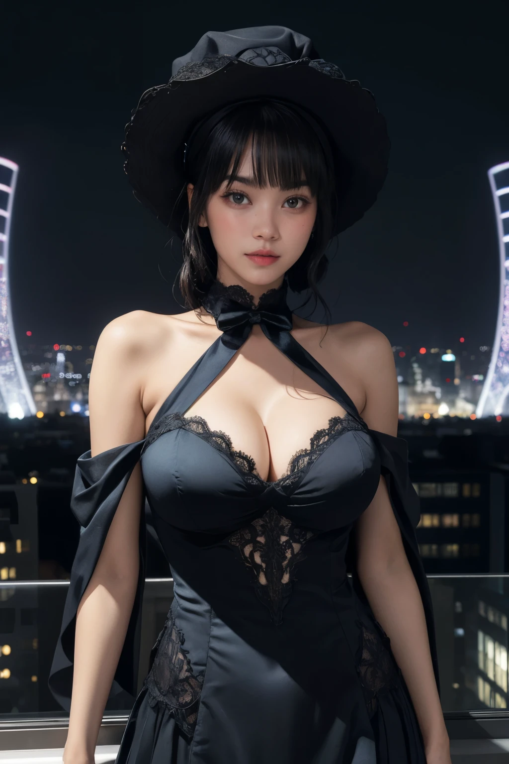 girl wearing victorian gown, BREAK, 1girl, gown, dress, absurdly intricate details ornate pattern, detailed face, lace bowknot bonnet hat, (deep long cleavage:1.2), (looking at viewer:1.2), elegant pose, city lights on the background, (futuristic fantasy city:1.2), immense building, night, gigantic breasts,