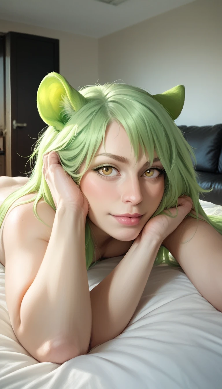 Girl, 18 years old, short pajamas, light green colors, transparent pajamas, tanquinho belly, pose sitting on the bed, leg raised, tongue out, teased on the tongue, hair ribbon, open leg navel pose, 4K, digital filters, best quality, masterpiece, ray tracing, perfect body, extremely detailed body, small chest, pointed chest, (marked breast beak), thin waist, thin legs,  Wide Hip, Big Ass, HDR (High Dynamic Range),Ray Tracing,NVIDIA RTX,Super-Resolution,Unreal 5,Subsurface Dispersion, PBR Texture, Post-processing, Anisotropic Filtering, Depth of Field, Maximum Clarity and Sharpness, Multilayer Textures --auto --s2