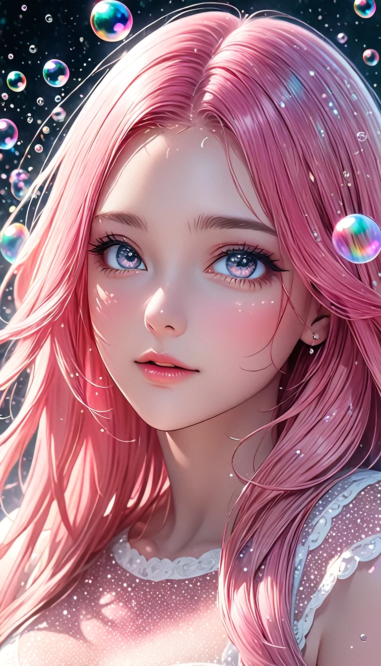 beautiful young woman with long pink hair,  portrait, shading effects, gradation magic effects, glitter effects, soap bubbles effects, foggy filter effect, (ultra detailed, absolutely resolution, best quality:1.3), 2.5D, delicate and dynamic, artistic photography, hyper realistic, graphic CG digital art, 