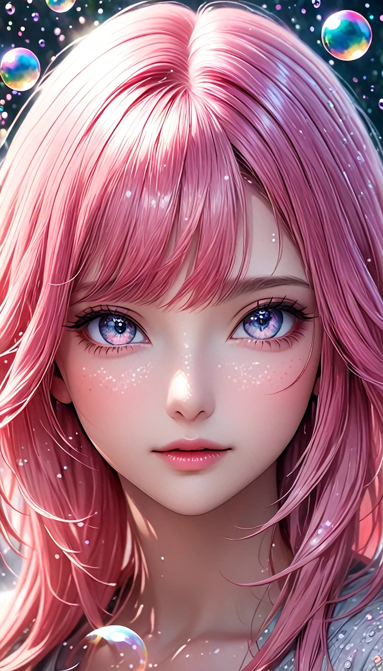 beautiful young woman with long pink hair,  portrait, shading effects, gradation magic effects, glitter effects, soap bubbles effects, foggy filter effect, (ultra detailed, absolutely resolution, best quality:1.3), 2.5D, delicate and dynamic, artistic photography, hyper realistic, graphic CG digital art, 