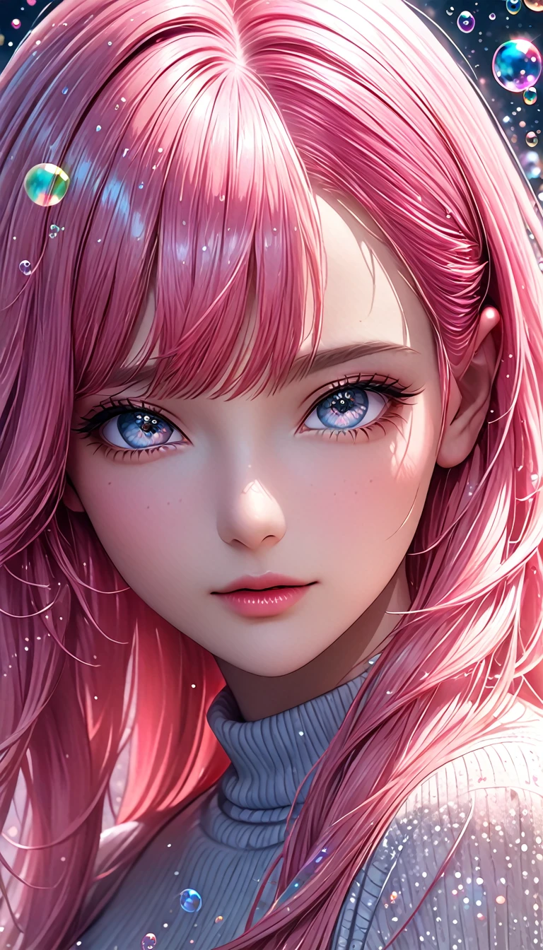 beautiful young woman with long pink hair,  portrait, shading effects, gradation magic effects, glitter effects, soap bubbles effects, foggy filter effect, (ultra detailed, absolutely resolution, best quality:1.3), 2.5D, delicate and dynamic, artistic photography, hyper realistic, graphic CG digital art, 