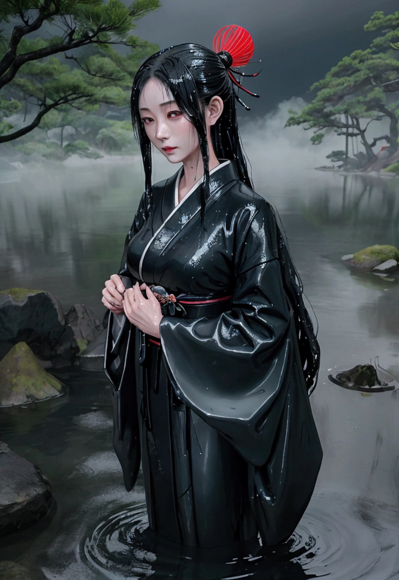 A beautiful and mysterious Japanese yokai called Nure-onna (wet woman). She has long, wet black hair that clings to her pale skin. She is standing near a misty lake or river at night. Her expression is alluring yet slightly eerie. The style should blend traditional Japanese art with a modern, ethereal touch.