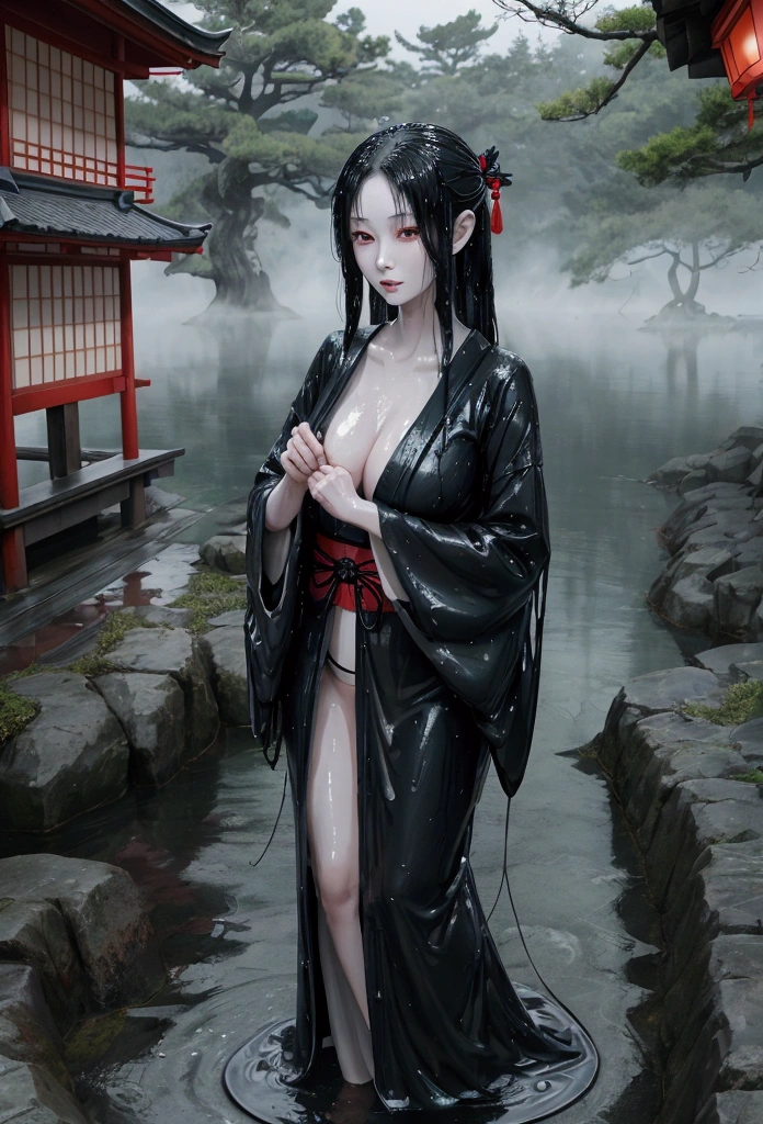 A beautiful and mysterious Japanese yokai called Nure-onna (wet woman). She has long, wet black hair that clings to her pale skin. She is standing near a misty lake or river at night. Her expression is alluring yet slightly eerie. The style should blend traditional Japanese art with a modern, ethereal touch.