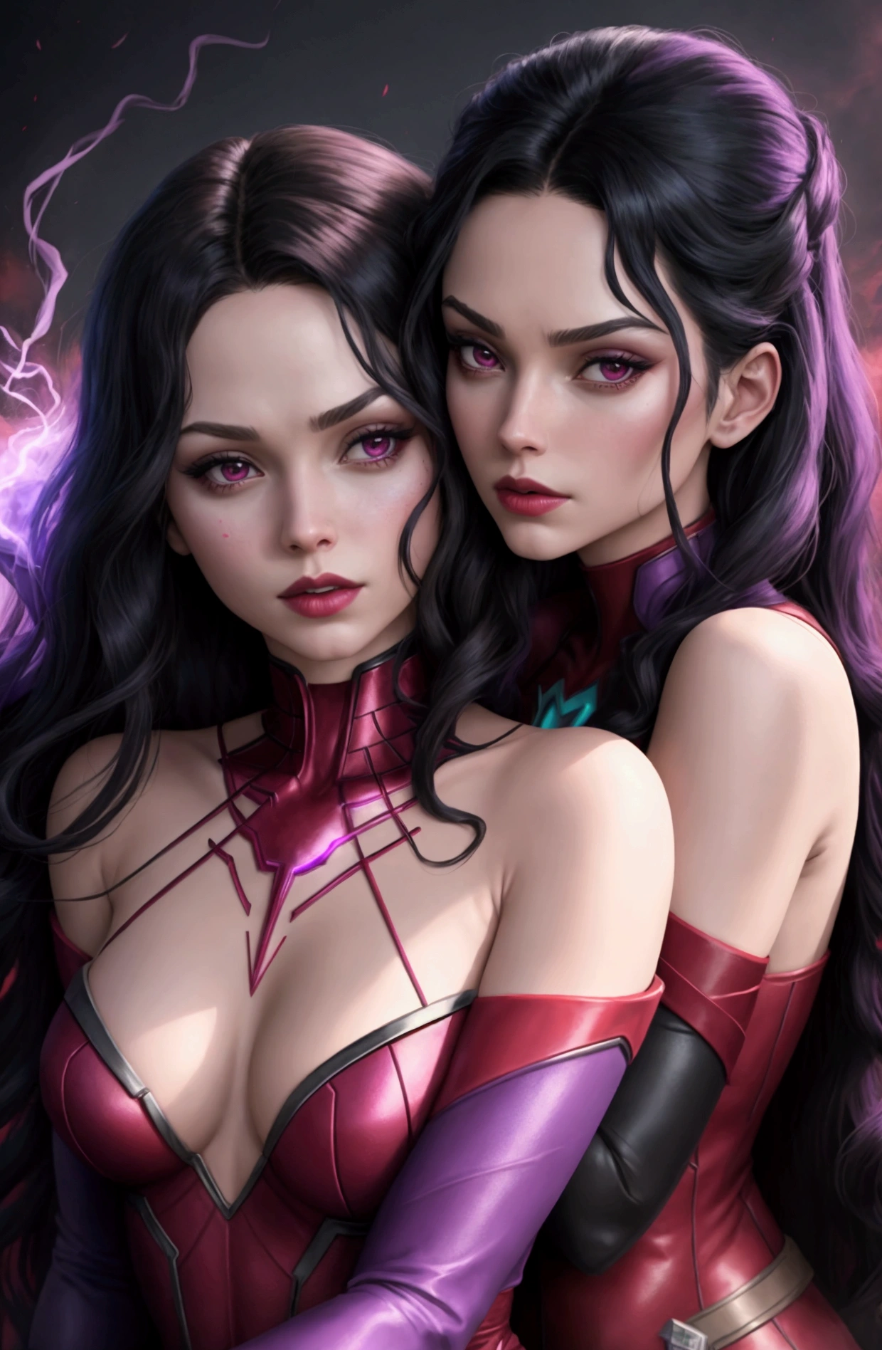 Generate a complete image of Marvel&#39;s Scarlet Witch with another woman with black hair and violet powers. The two surrounded by red and violet smoke. 