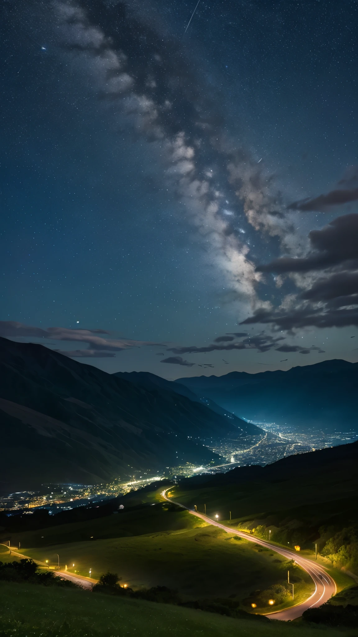 A stunning night landscape with a sky full of shooting stars. The scene includes a mountainous area with lush green valleys and a winding path leading into the distance. The sky is deep blue, illuminated by bright, vivid streaks of light from the shooting stars. The overall atmosphere is serene and enchanting, capturing the beauty of a dreamy, picturesque night view.High resolution, 最high quality, high quality,