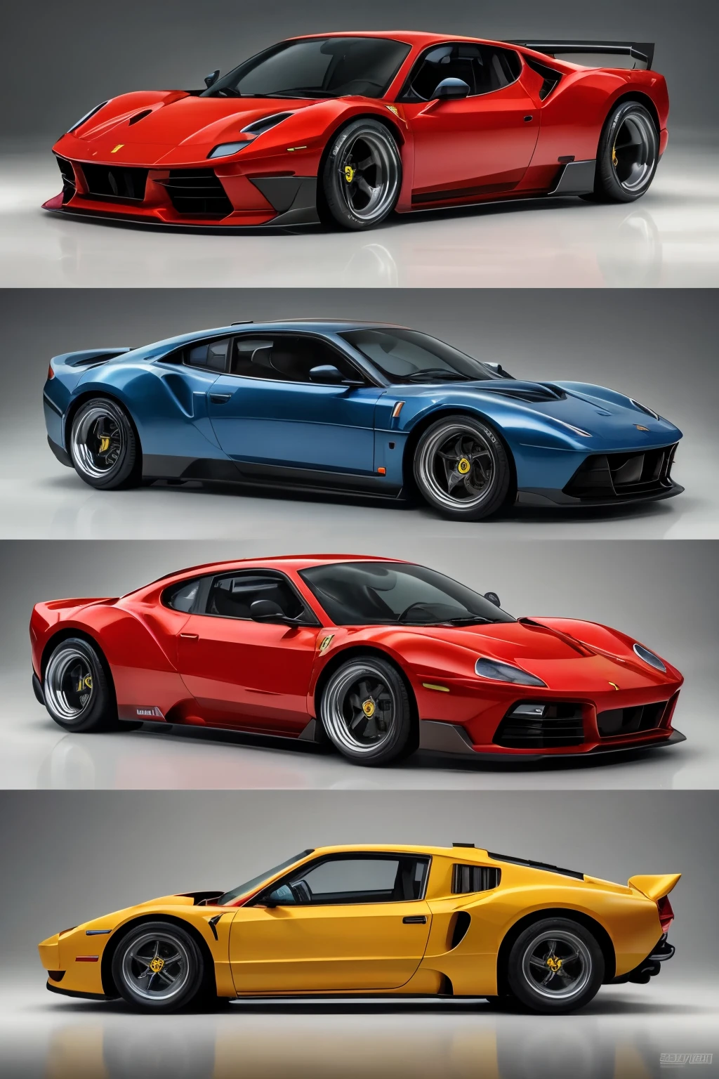 Draw a captivating fusion of Ferrari Dino and Volkswagen Kombi's design in three frames, showcasing the harmony of two iconic vehicles:
1. Front view:
Experience the unique blend of Ferrari Dino's powerful nostrils and Volkswagen Kombi's iconic rounded front, accentuated by sleek headlights and a striking grille, evoking the essence of both automobiles.
2. Side view:
Observe the harmonious fusion of Ferrari Dino's muscular curves and Volkswagen Kombi's distinctive bodylines, featuring an intricate blend of classic wheel arches, a sloping roofline